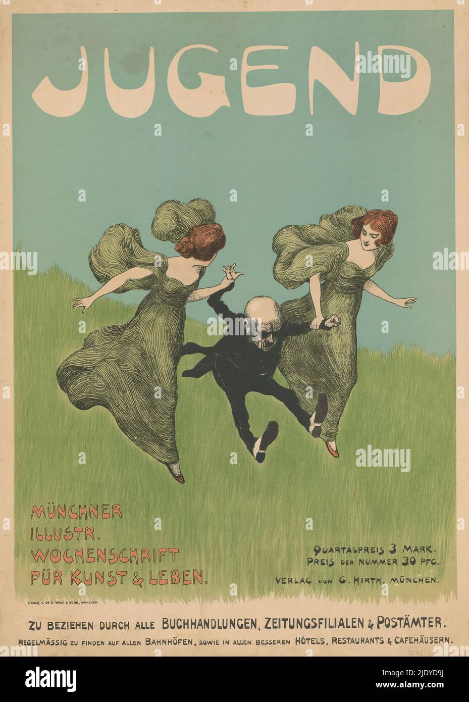 Affiche pour le magazine Jugend, Grass Field avec deux jeunes femmes en course à pied. Entre eux un vieil homme avec des lunettes., imprimeur: Ludwig von Zumbusch, (mentionné sur l'objet), après la conception par: Ludwig von Zumbusch, (mentionné sur l'objet), imprimeur: dr. C. Wolf & Sohn, (mentionné sur l'objet), München, 1896, papier, hauteur 635 mm × largeur 445 mm Banque D'Images