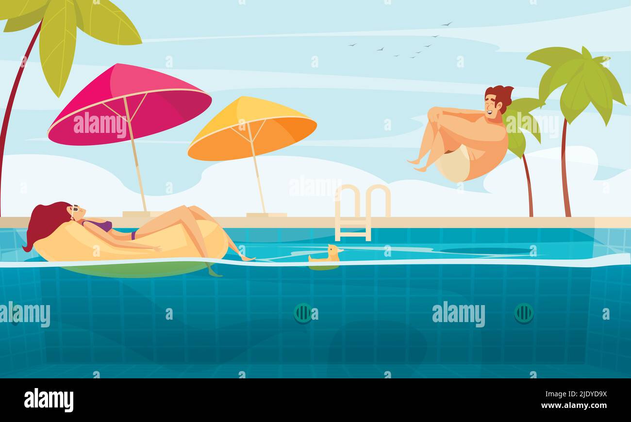 Jeune couple appréciant aqua Park paradis tropical flottant sauter dans la piscine extérieure chauffée composition graphique vecteur illustration Illustration de Vecteur