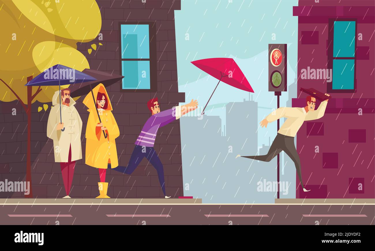 Mauvais temps pluvieux en ville composition plate avec des gens en imperméable sous les parasols à l'illustration de vecteur de crossroad Illustration de Vecteur