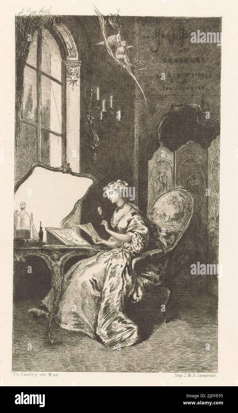 Femme regardant un imprimé derrière la table d'un graveur, page de titre pour : Henri Béraldi, les greffeurs du XIXème siècle, 1886, l'eau forte (titre sur objet), représentation du XVIIIème siècle. Une femme est assise derrière la table d'un graveur, devant une fenêtre. En arrière-plan un écran pliant, du ciel une figure allégorique avec des ailes descend sur une branche de palmier., imprimeur: Charles Courtry, (mentionné sur l'objet), imprimeur: Joseph Rose Lemercier, (mentionné sur l'objet), éditeur: Léon Conquet, (mentionné sur l'objet), Paris, 1886, gravure, point sec, hauteur 202 mm × largeur 124 mm Banque D'Images