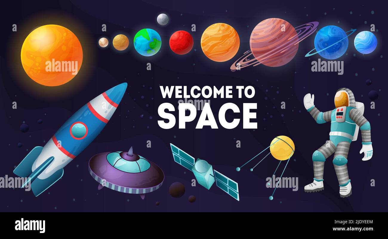 Bienvenue dans l'espace composition colorée des planètes solaire station satellite vaisseaux spatiaux ensemble astronaute illustration du vecteur de fond Illustration de Vecteur