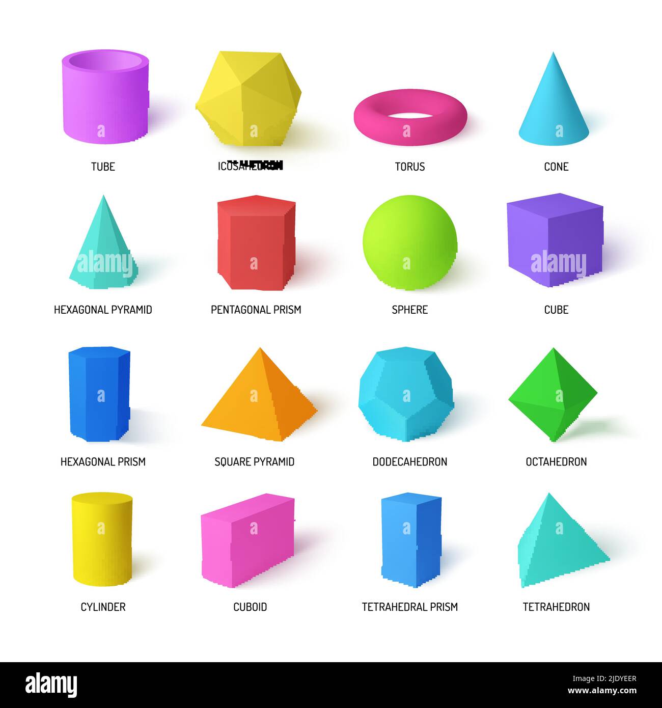 Formes de stéréotaxie de base ensemble réaliste coloré de prisme tétraédrique et hexagonal icosaèdre dodécaèdre pyramide carrée illustrati vecteur isolé Illustration de Vecteur