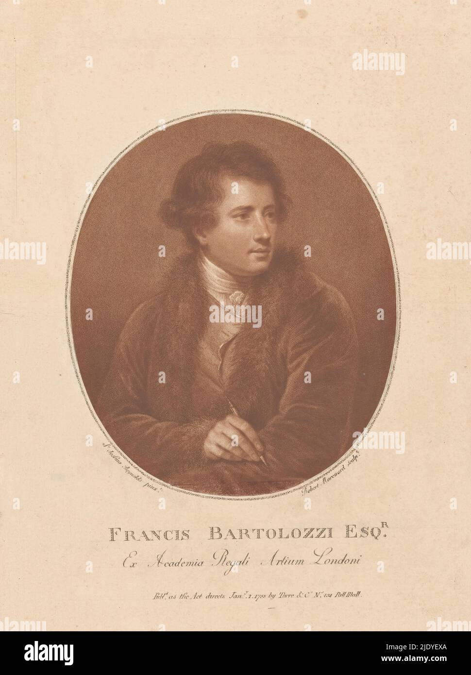 Portrait de Francesco Bartolozzi, Francis Bartolozzi Esqr. (Titre sur objet), Portrait de l'éditeur et de l'imprimeur Francesco Bartolozzi, en demi-lumière dans un ovale, dans sa main droite une aiguille de gravure., Imprimeur: Robert Samuel Marcuard, (mentionné sur objet), après peinture par: Joshua Reynolds, (mentionné sur objet), éditeur: Torre & Co., (mentionné sur objet), Londres, 1788, papier, stylo, hauteur 363 mm × largeur 256 mm Banque D'Images