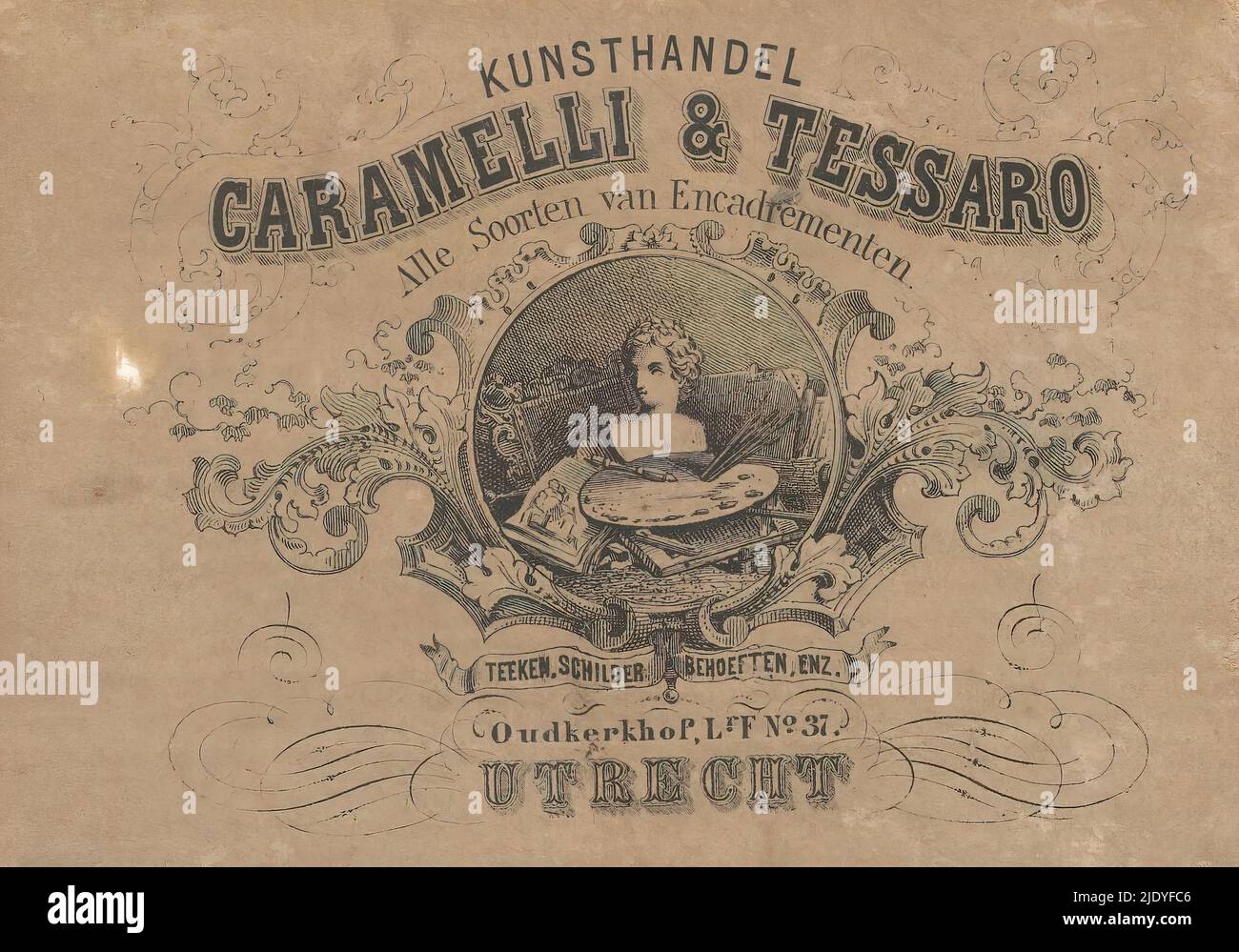 Label du marchand d'art Caramelli & Tessaro à Utrecht, Cartouche avec des matériaux de peinture, un buste et une bordure décorative., imprimerie: Anonyme, 1912 - 1924, papier, hauteur 84 mm × largeur 118 mm Banque D'Images