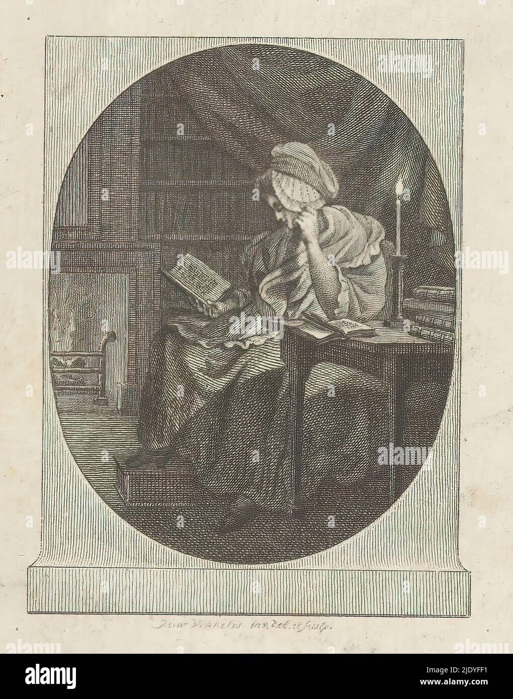 Femme lisant aux chandelles, imprimeur: Reinier Vinkeles (I), (mentionné sur l'objet), après son propre dessin par: Reinier Vinkeles (I), (mentionné sur l'objet), c. 1788, papier, gravure, hauteur 108 mm × largeur 83 mm Banque D'Images