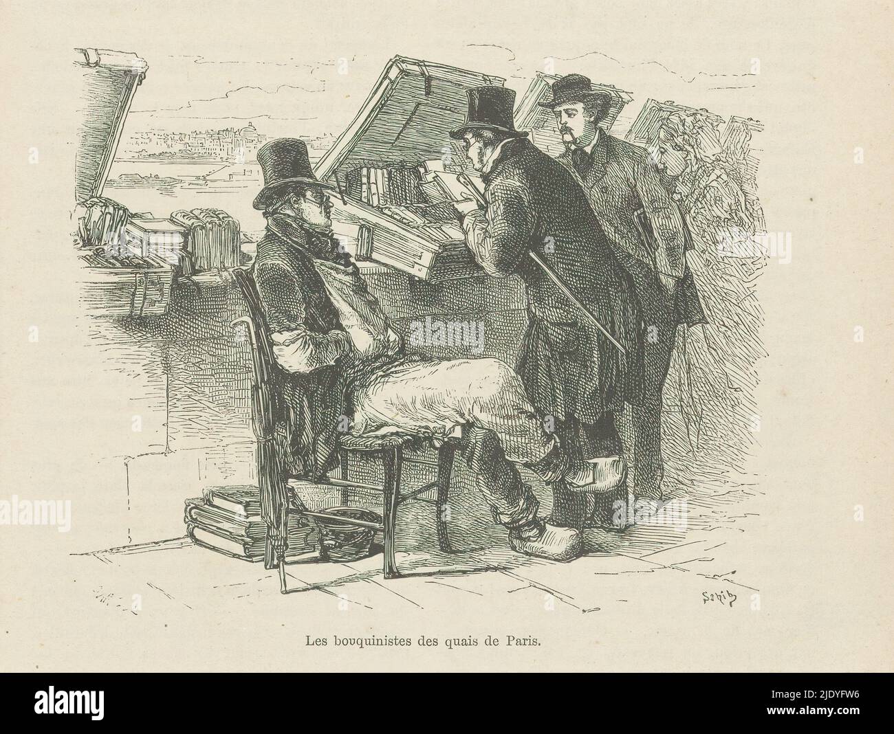 Libraire sur un quai à Paris, les bouquinistes des quais de Paris (titre sur objet), texte sur verso., Imprimeur: Louis Ernest Lesage, (mentionné sur objet), 1873 - 1878, papier, hauteur 136 mm × largeur 185 mm Banque D'Images