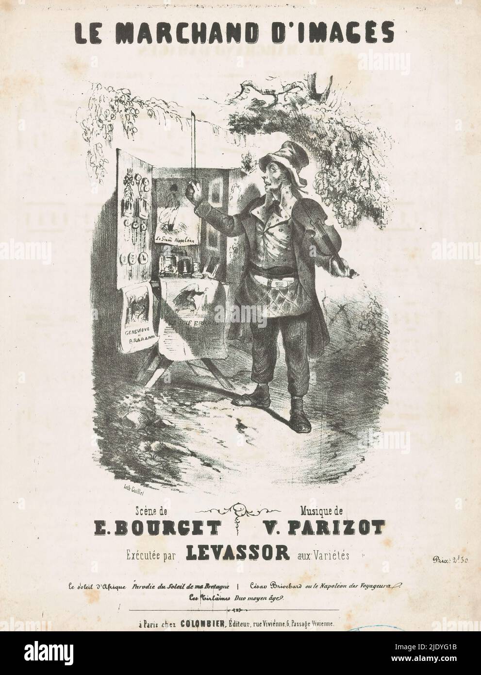 Marchand d'imprimés avec violon, le marchand d'images (titre sur objet), Un marchand d'imprimés tient avec son violon à la main devant une poitrine dépliée sur des tréteaux. L'intérieur contient des imprimés et d'autres bibelots. Avec partitions sur verso., imprimeur: Anonyme, imprimeur: Guillet, (mentionné sur l'objet), éditeur: Colombier, (Mentionné sur l'objet), Paris, 1842, papier, hauteur 333 mm × largeur 260 mm Banque D'Images