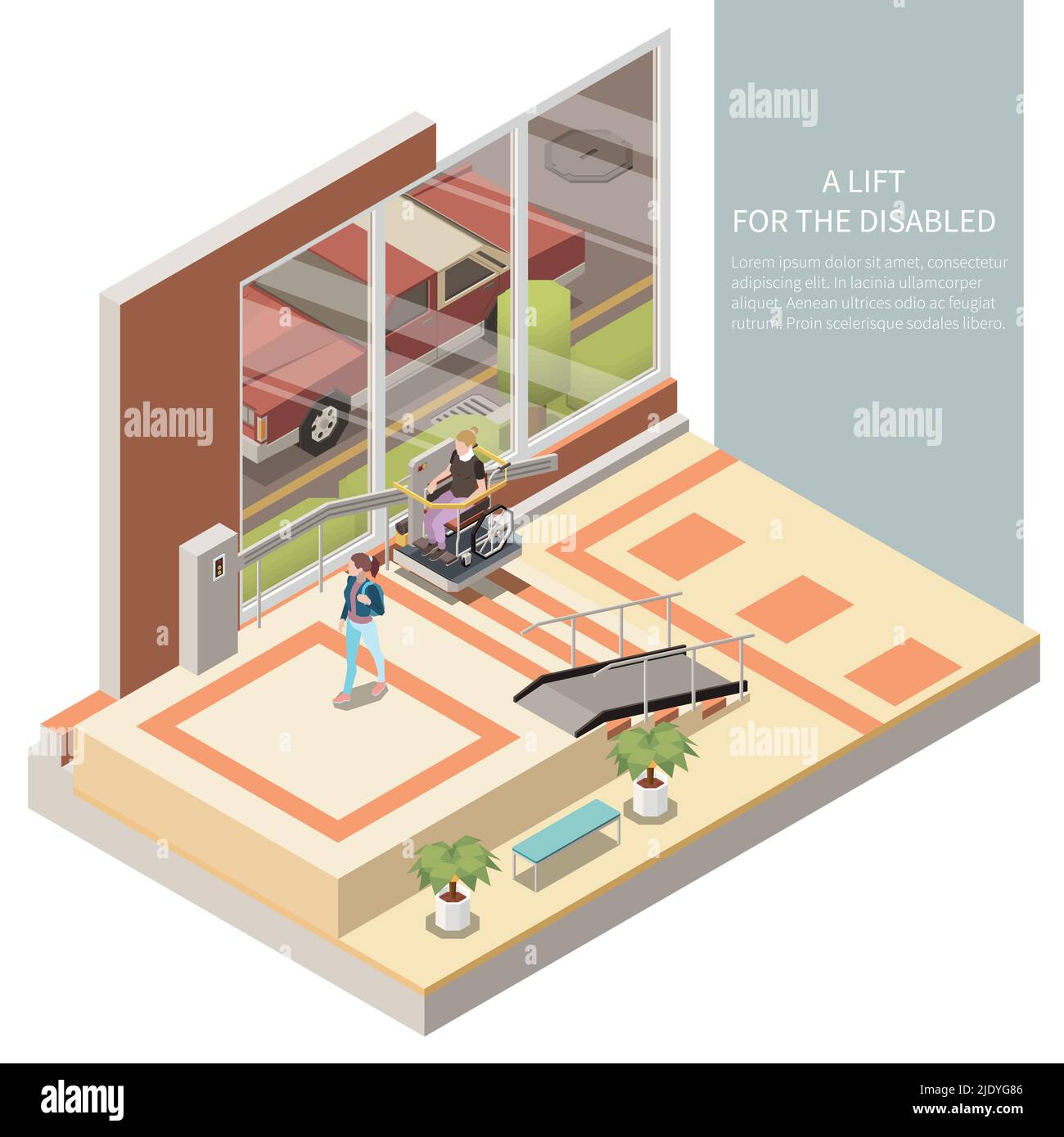 Personne en fauteuil roulant utilisant l'ascenseur pour personnes handicapées dans le hall de l'hôtel 3D illustration vectorielle isométrique Illustration de Vecteur