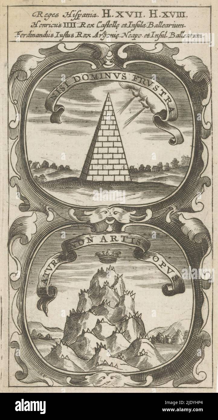 Pyramide de pierre / couronne planant sur une montagne, Nisi Dominus Frustra / Naturae Artid Opus (titre sur objet), Symbola Divina et Humana Pontificum Imperatorum Regum (titre de série), un emblème avec deux représentations. Au-dessus d'un paysage avec une pyramide de pierre. Le vent souffle contre la structure. En dessous, une couronne flotte au-dessus d'une montagne bordée de épines. Ce sont des mottos du roi Henri IV de Castille et Ferdinand II d'Aragon., imprimerie: Anonyme, après impression par: Aegidius Sadeler (II), 1666, papier, gravure, impression typographique, hauteur 122 mm × largeur 68 mm Banque D'Images