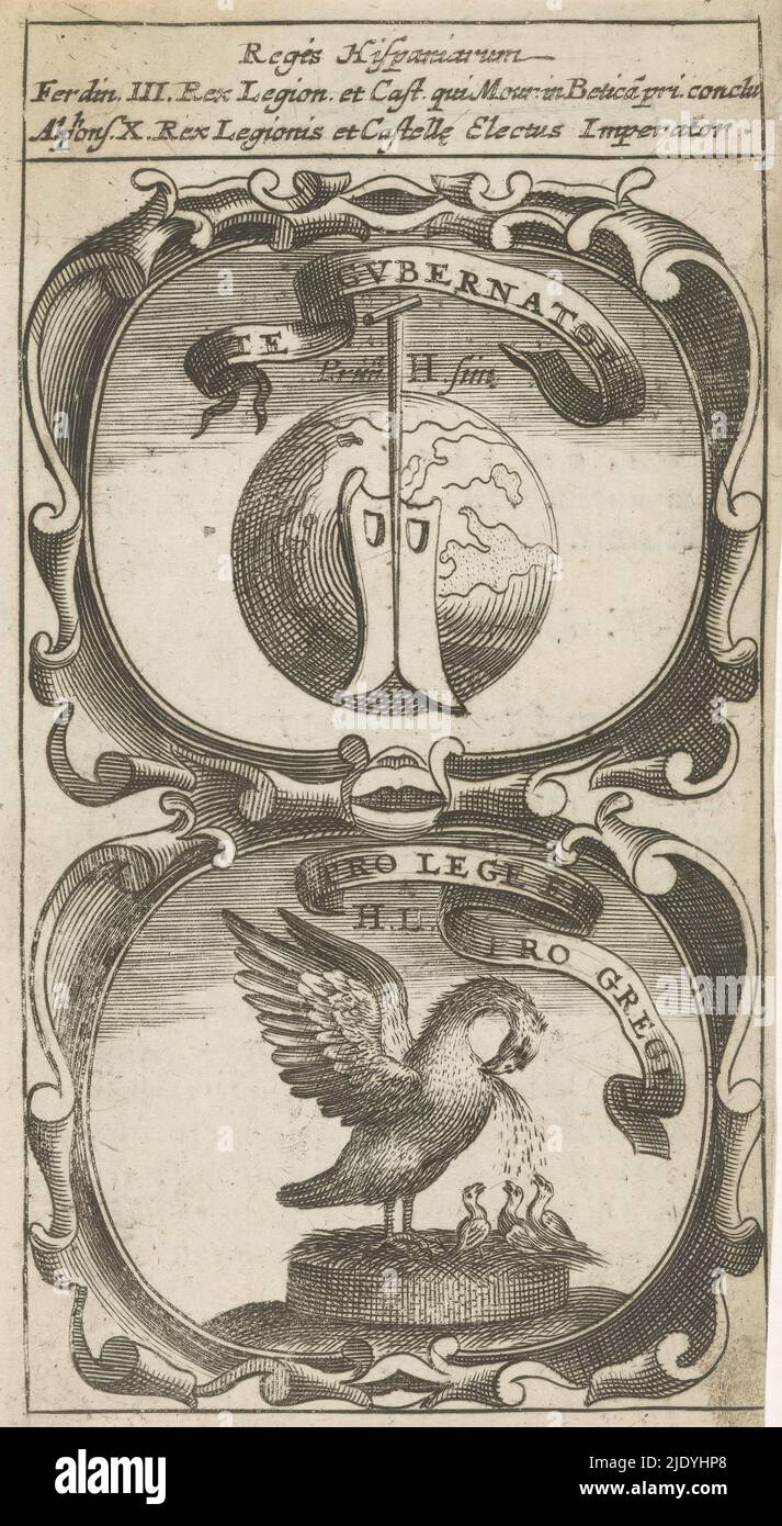 Globe avec ceinture de navire / Pelican nourrit son jeune, te Gubernatore / Pro Lege et Pro Grege (titre sur objet), Symbola Divina et Humana Pontificum Imperatorum Regum (titre de série), un emblème avec deux représentations. Au-dessus d'un globe avec une ceinture de navire. Ci-dessous, un pélican nourrit sa jeune avec son propre sang. Ce sont des mottos du roi Ferdinand III et du roi Alfons X de Castille., imprimerie: Anonyme, après impression par: Aegidius Sadeler (II), 1666, papier, gravure, impression typographique, hauteur 123 mm × largeur 68 mm Banque D'Images