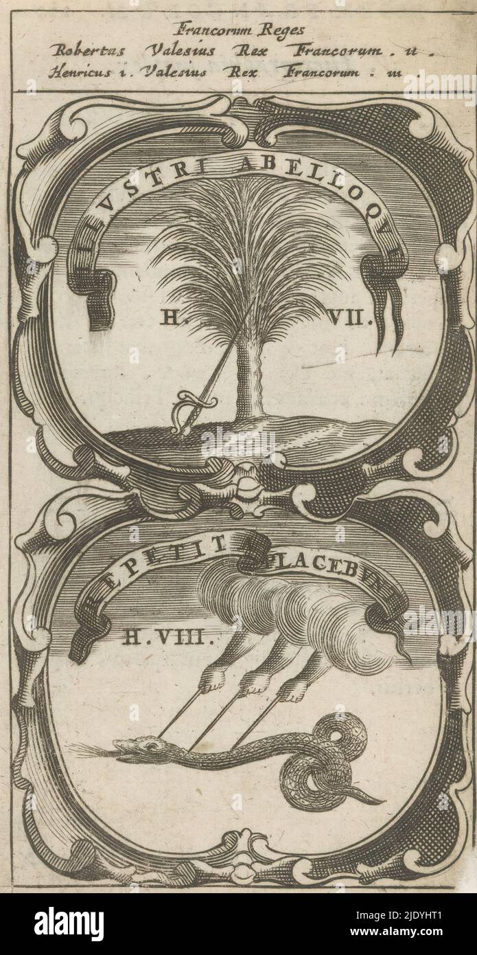 Degen contre un palmier / trois mains avec des épées poignarder un serpent, Illystri Abelloque / Repetita Placebunt (titre sur l'objet), Symbola Divina et Humana Pontificum Imperatorum Regum (titre de la série), un emblème avec deux représentations. Au-dessus d'un palmier contre lequel repose une épée. Au-dessous d'un nuage avec trois mains poignardant un serpent avec une épée. Ce sont des mottos du roi Robert II et Henry I de France., imprimerie: Anonyme, après impression par: Aegidius Sadeler (II), 1666, papier, gravure, impression typographique, hauteur 123 mm × largeur 67 mm Banque D'Images