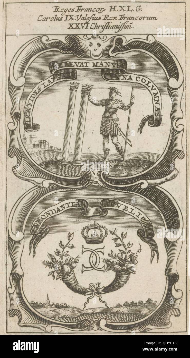 Le guerrier romain soutient deux colonnes / monogramme couronné CC avec deux cornucopia, Mira Fides Lapsas Relevat Manus una Columnas / Aboudantia Publica (titre sur objet), Symbola Divina et Humana Impericum Pontipatorum Regum (titre de série), un emblème avec deux représentations. Au-dessus d'un paysage avec deux colonnes couronnées soutenues par une personne d'une main. En dessous d'un monogramme couronné CC avec une corne de l'abondance à gauche et à droite. Il s'agit des monnaies du roi Charles IX de France., imprimeur: Anonyme, après impression par: Aegidius Sadeler (II), 1666, papier, gravure, impression typographique, hauteur 119 mm × l Banque D'Images