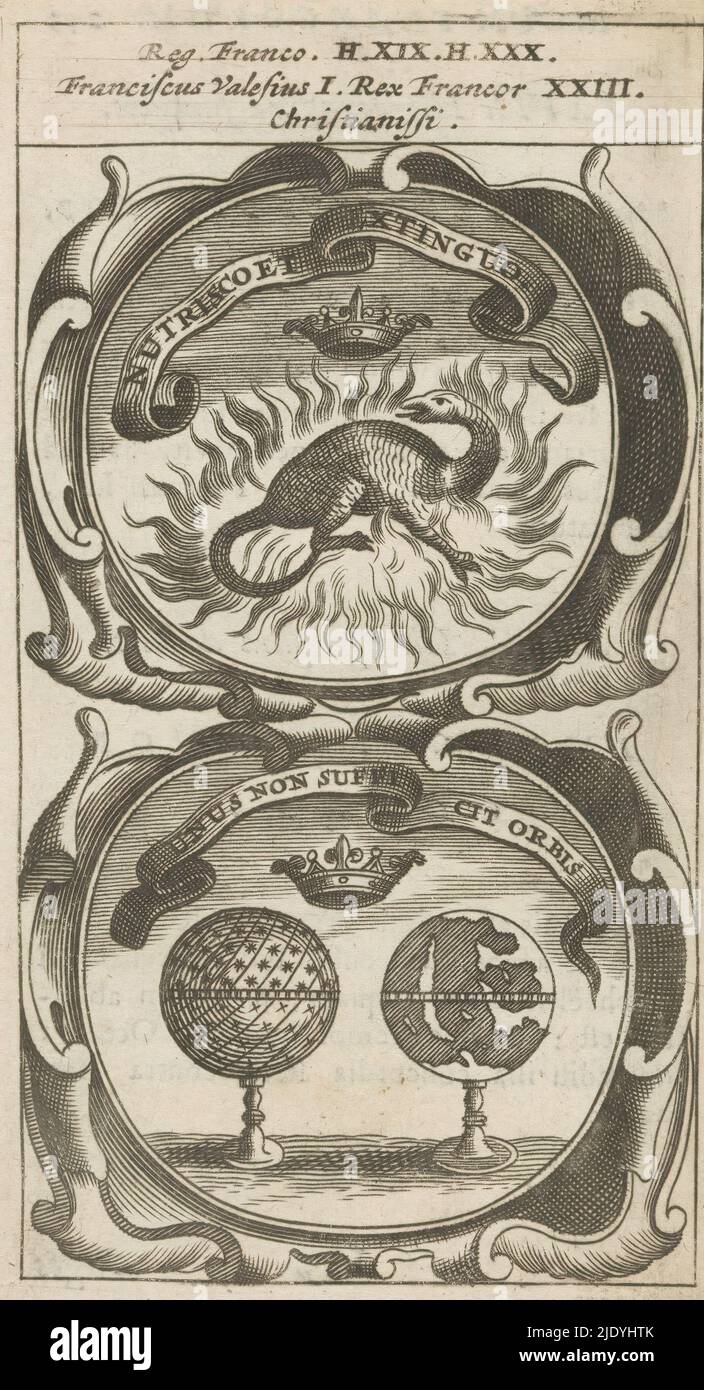 Dragon de feu couronné / ciel et globe terrestre avec couronne, Nutrisco et Extinguo / un non Suffice Orbis (titre sur objet), Symbola Divina et Humana Pontificum Imperatorum Regum (titre de série), un emblème avec deux représentations. Au-dessus d'un dragon en feu avec une couronne au-dessus. Au-dessous d'un globe terrestre et céleste avec couronne. Il s'agit des monnaies de François Ier de France., imprimeur: Anonyme, après impression par: Aegidius Sadeler (II), 1666, papier, gravure, impression typographique, hauteur 117 mm × largeur 66 mm Banque D'Images