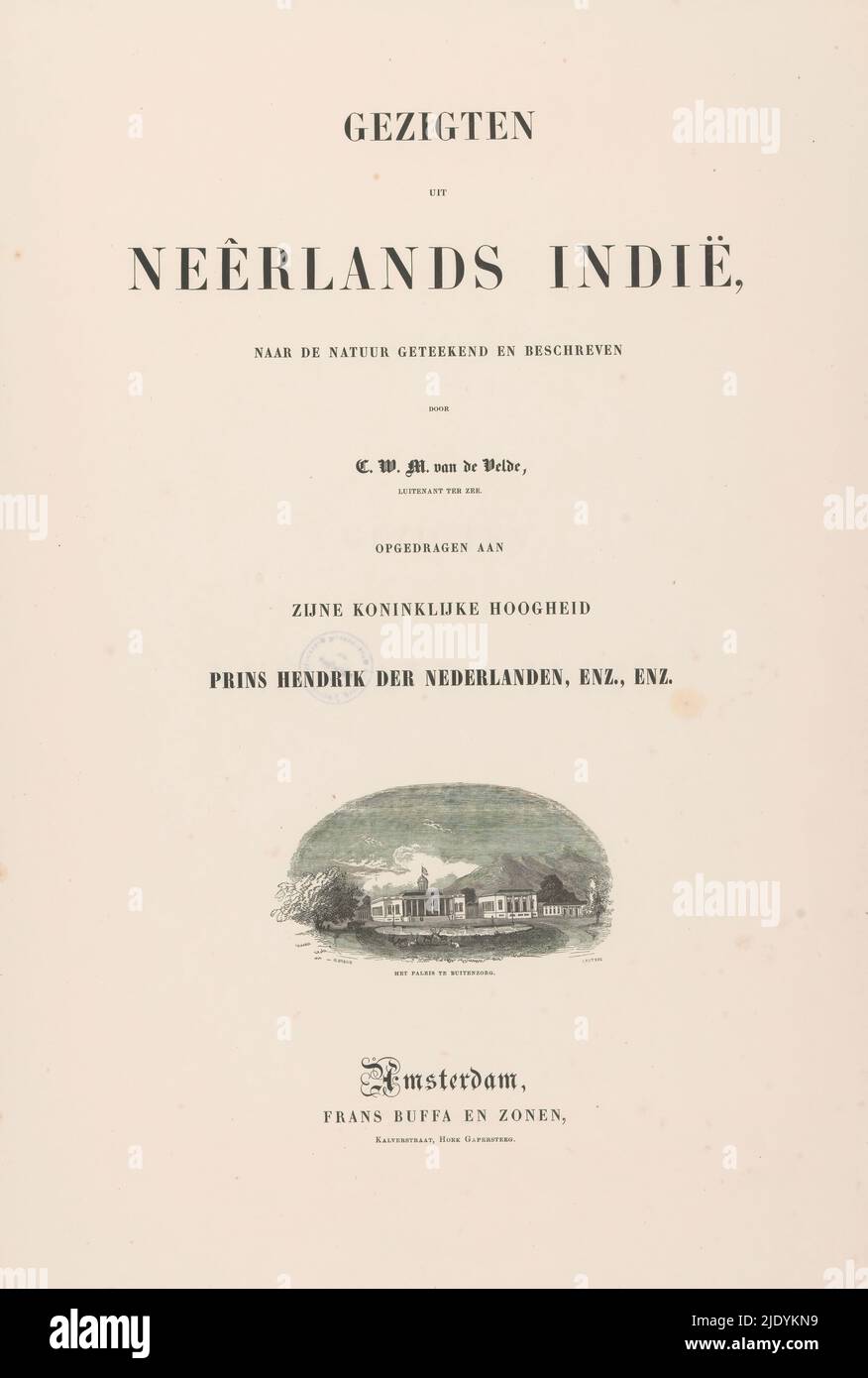 Vue du Palais à Bogor, le Palais à Buitenzorg (titre sur objet), titre imprimé pour: Gezigten uit Neêrlands Indië (scènes des Indes néerlandaises) (titre de la série sur objet), devant le palais il y a un troupeau de cerfs. L'imprimé fait partie d'une couverture de treize pages., imprimeuse: Paulus Lauters, (mentionnée sur l'objet), après la conception de: William Brown, (mentionnée sur l'objet), imprimeur: Christiaan Andersen Spin, (mentionnée sur l'objet), imprimeur: Bruxelles, après la conception de: Bruxelles, imprimeur: Amsterdam, 1843 - 1845, papier, hauteur 510 mm × largeur 345 mm × hauteur 510 mm × largeur 690 mm Banque D'Images