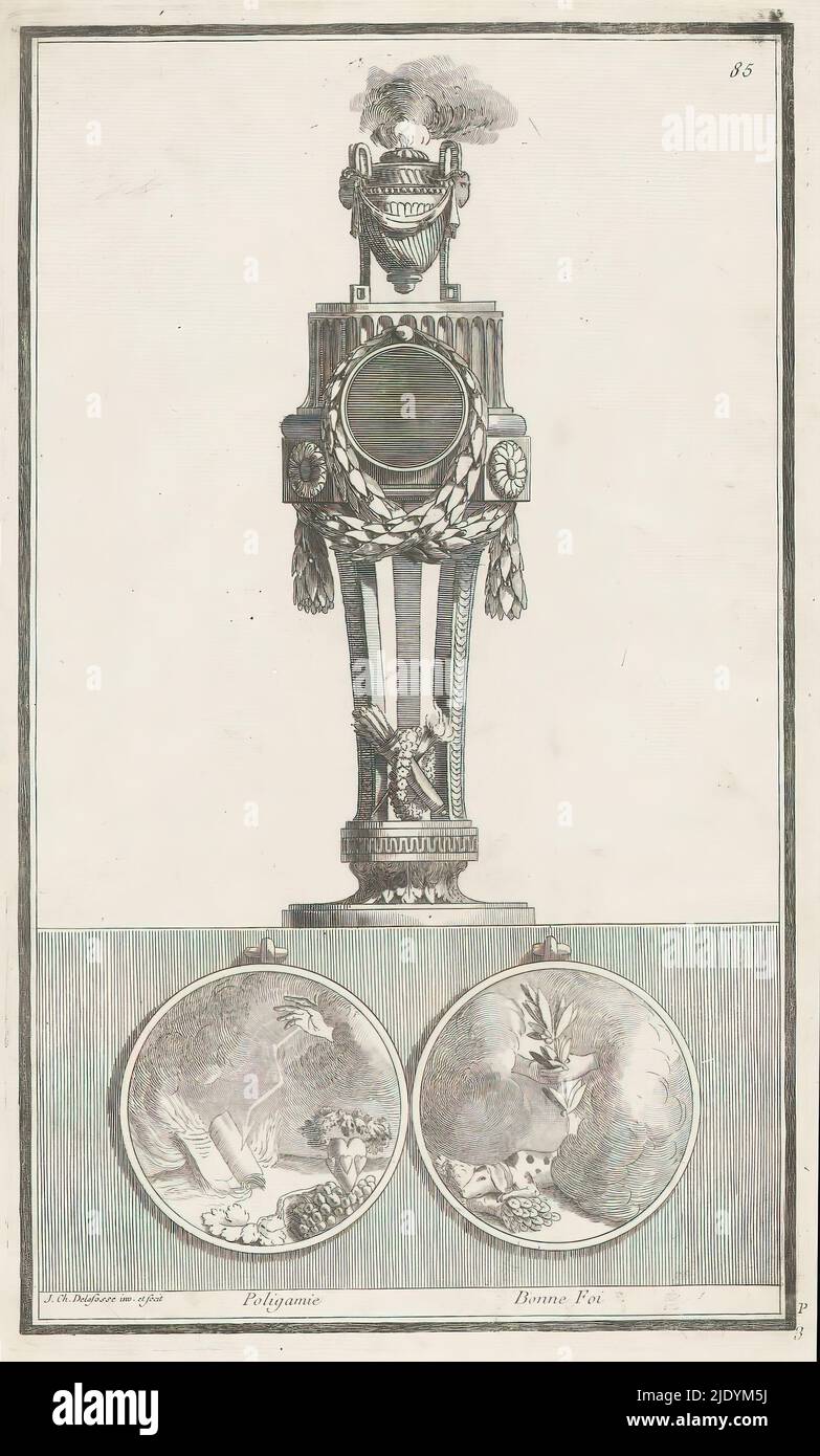Polygamie et bonne foi, Poligamy, bonne foi (titre sur objet), P Pendules (titre de série), Nouvelle Iconologie Historique ou attribution Hiérogliphyques (...) (Titre de la série), un pendule ornementé avec des guirlandes et un canon de fumée. Ci-dessous, deux médaillons circulaires, à gauche avec un livre brûlant, un éclair, une main, un coeur et des grappes de raisins et à droite avec deux mains tenant une branche d'olive et un chien inclinable sur une corne d'abondance. Numéro d'impression 85., Imprimeur: Jean Charles Delafosse, (mentionné sur l'objet), d'après son propre dessin par: Jean Charles Delafosse, (mentionné sur l'objet), éditeur: Jacques-F Banque D'Images