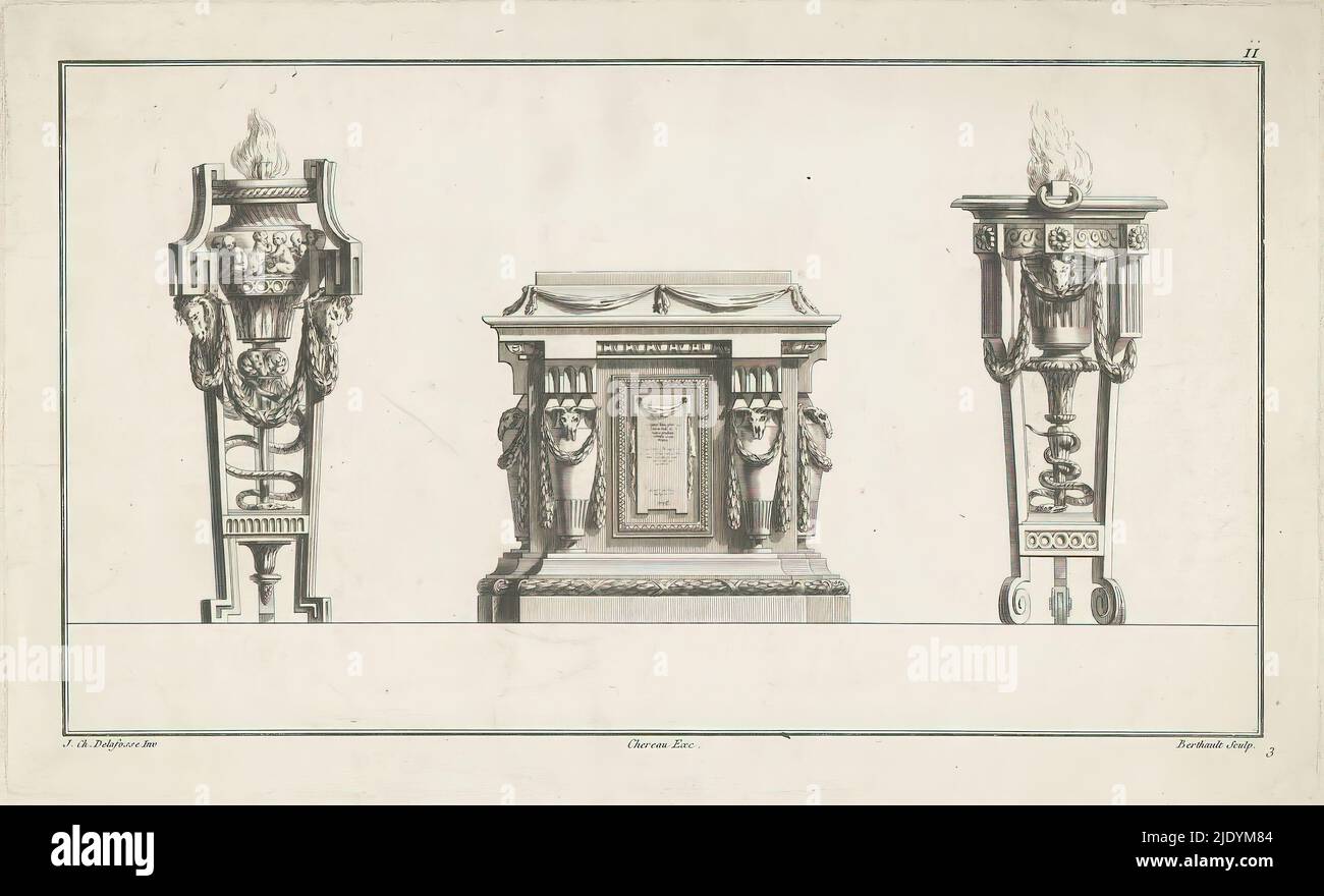 Deux Athéniennes et un piédestal, 33rd Cahier II Cahier de Poëles, Piedesteaux, Athéniennes et Freses (titre de série), II Volume de l'oeuvre de J. CH. Delafosse (...) (Titre de la série), deux Athéniennes ornementées (trépieds) avec feu de part et d'autre d'un piédestal avec vases et bucraniums., Imprimeur: Berthault, (mentionné sur l'objet), après dessin de: Jean Charles Delafosse, (mentionné sur l'objet), éditeur: Jacques-François Chéreau, (mentionné sur l'objet), Paris, 1771, papier, gravure, hauteur 225 mm × largeur 374 mm Banque D'Images