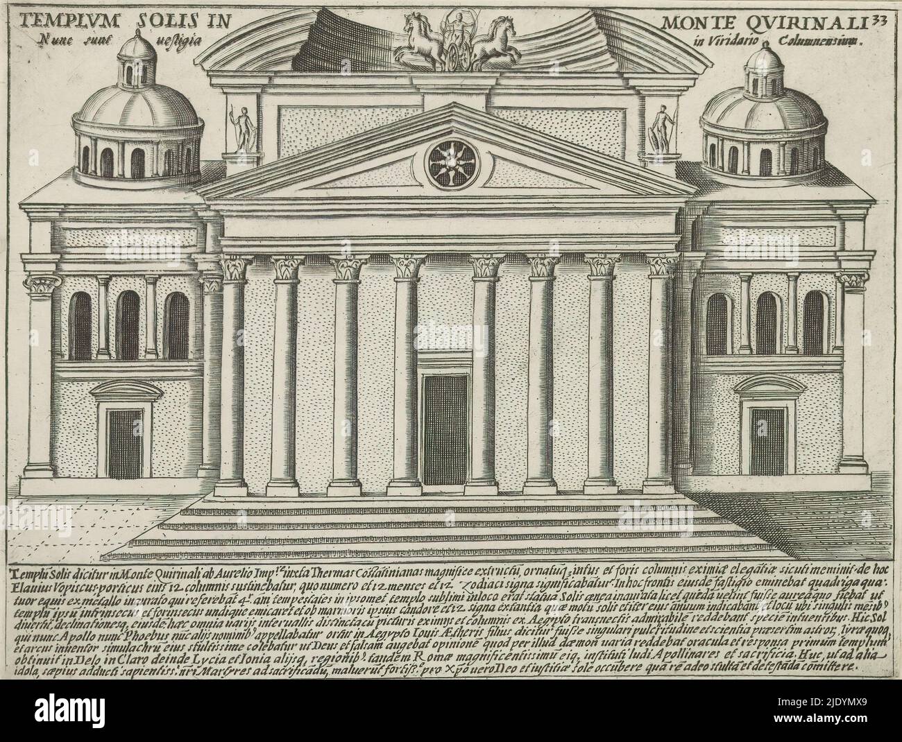 Tempio del Sole à Rome, Templum Solis à Monte Quirinali (titre sur objet), monuments anciens (titre de série), splendeur des Antiquae Urbis (titre de série), texte en latin en marge inférieure. Numéroté en haut à droite : 33. L'imprimé fait partie d'un album., imprimeur: Giacomo Lauro, imprimeur: Giacomo Mascardi, imprimeur: Rome, in or after 1637, papier, gravure, hauteur 175 mm × largeur 232 mm Banque D'Images
