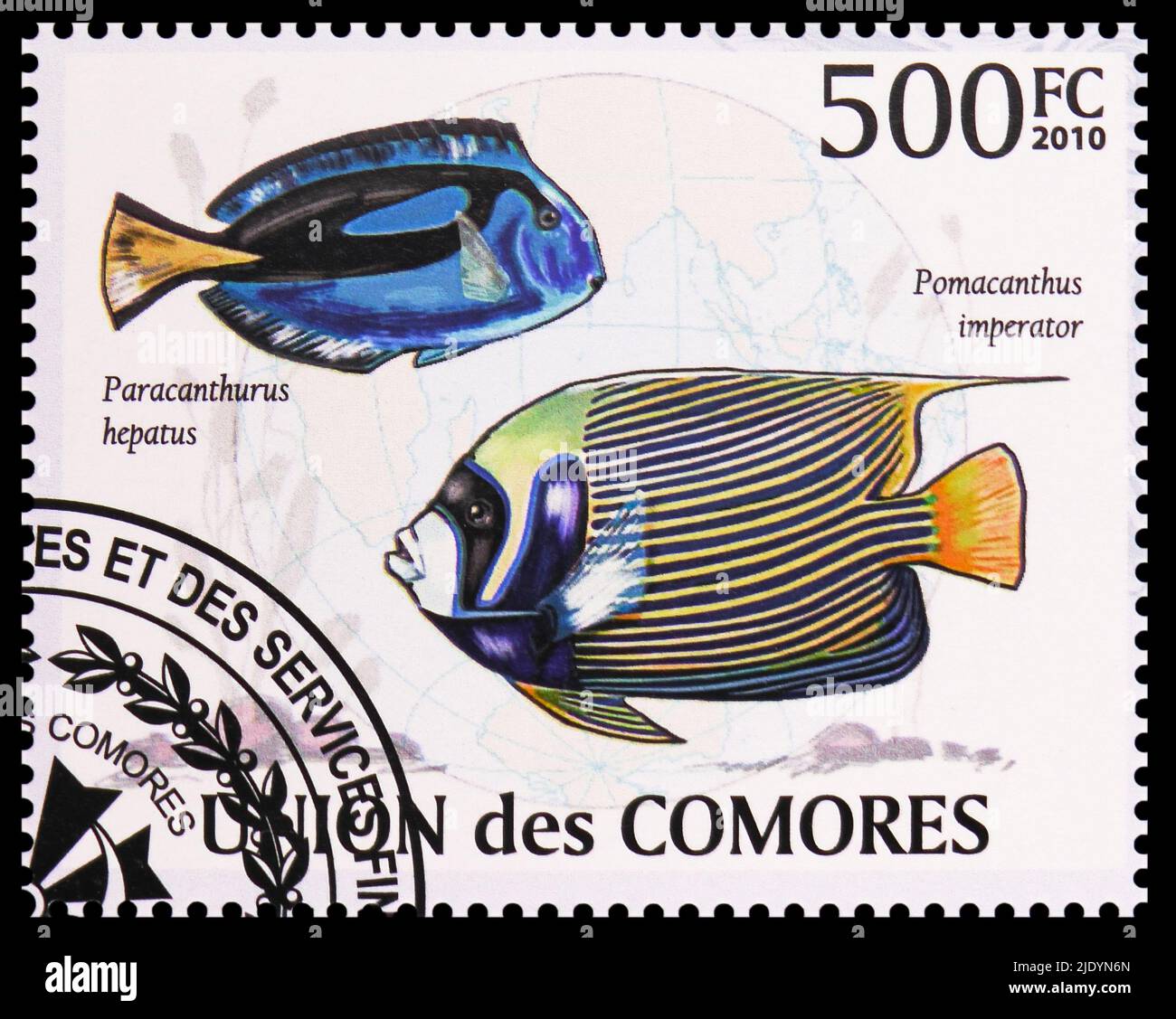 MOSCOU, RUSSIE - 17 JUIN 2022: Timbre-poste imprimé aux Comores montre Palette Surgeonfish (Paracanthurus hepatus), Empereur Angelfish (Pomacanthus imp Banque D'Images