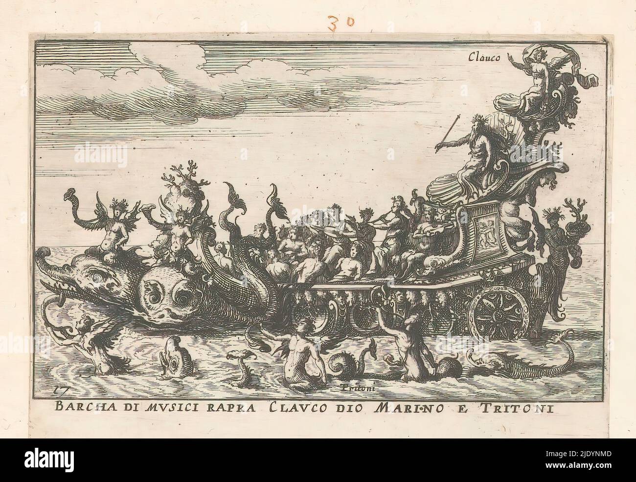 Navire avec musiciens et glaucus, Barcha di musici rapra Clauco dio Marino e Tritoni (titre sur objet), Argonauts navires pour la bataille sur l'Arno pendant la fête de mariage de Cosimo II de' Medici à Florence en 1608 (titre de série), Le magnifique Carousel fait sur la fleur de l'Arne à Florence pour le mariage du grand Duc (titre de la série), Un navire avec dauphins pour un arc, sur le navire sont musiciens et sur la poupe est glaucus. Dans l'eau, musicien mermen., imprimeur: Anonyme, après impression par: Remigio Cantagallina, après conception par: Giulio Parigi, Paris, 1624 - 1631, papier, gravure, hauteur 92 mm × l Banque D'Images