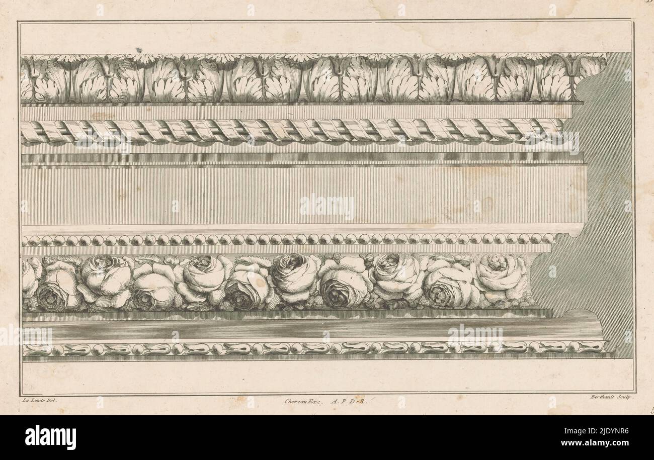 Cadre avec feuilles d'Acanthus et Roses, D. Cahier de perdder à l'usage de la Sculpture &c, avec couleurs Profils (titre de la série sur l'objet), cadre ornementé avec feuilles d'acanthus, spirale et roses., imprimeuse: Berthault, (mentionnée sur l'objet), après dessin de: Richard de Lalonde, (mentionné sur l'objet), éditeur: Jacques-François Chéreau, (mentionné sur l'objet), Paris, 1784 - 1785, papier, gravure, hauteur 220 mm × largeur 345 mm Banque D'Images