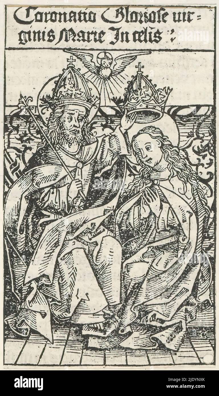 Couronnement de Marie, Coronatio Gloriose virginis Marie en célis (titre sur objet), Liber Chronicarum (titre de série), Sainte Marie à nimbus est couronné par Dieu le Père. Au-dessus, l'Esprit Saint sous la forme d'une colombe. L'imprimé fait partie d'un album., imprimerie: Michel Wolgemut, (atelier de), imprimerie: Wilhelm Pleydenwurff, (atelier de), Neurenberg, 1493, papier, impression typographique, hauteur 122 mm × largeur 72 mm Banque D'Images Couronnement de Marie, Coronatio Gloriose virginis Marie en célis (titre sur objet), Liber Chronicarum (titre de série), Sainte Marie à nimbus est couronné par Dieu le Père. Au-dessus, l'Esprit Saint sous la forme d'une colombe. L'imprimé fait partie d'un album., imprimerie: Michel Wolgemut, (atelier de), imprimerie: Wilhelm Pleydenwurff, (atelier de), Neurenberg, 1493, papier, impression typographique, hauteur 122 mm × largeur 72 mm Banque D'Images