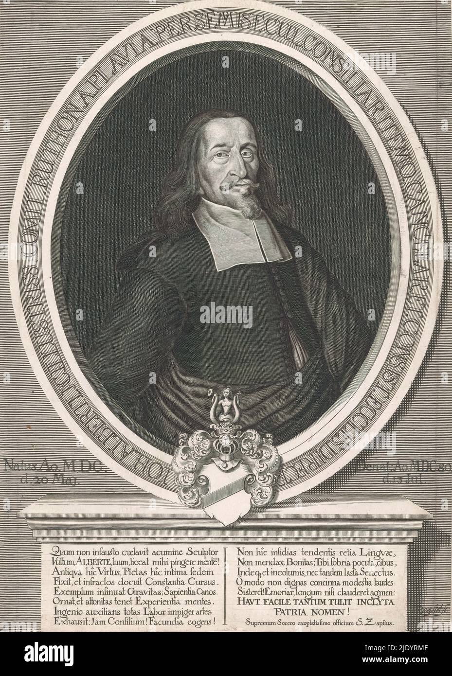 Portrait de Johann Alberts, Portrait de Johann Alberts dans un cadre ovale avec inscription sur les bords. En bas au centre de son blason. En bas à gauche sa date de naissance. Ci-dessous droite sa date de décès. Dans un cadre, deux colonnes avec chacune huit lignes de texte latin., imprimeur: Christian Romstet, (mentionné sur l'objet), Leipzig, 1680 - 1721, papier, gravure, hauteur 387 mm × largeur 277 mm Banque D'Images