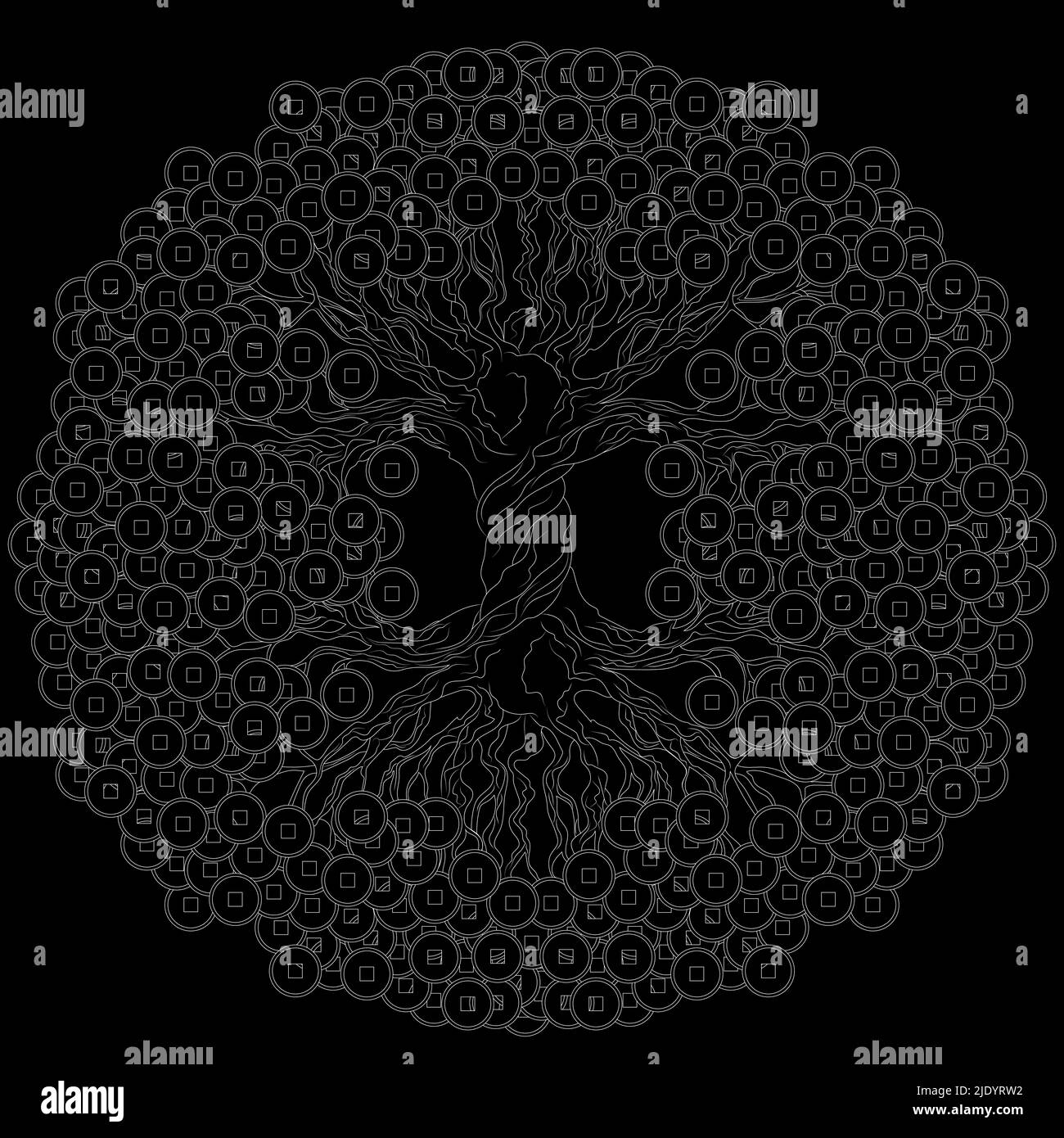 Money Tree avec pièces chinoises. Un symbole de feng shui traditionnel pour attirer la richesse et la prospérité. Illustration blanche. Illustration de Vecteur