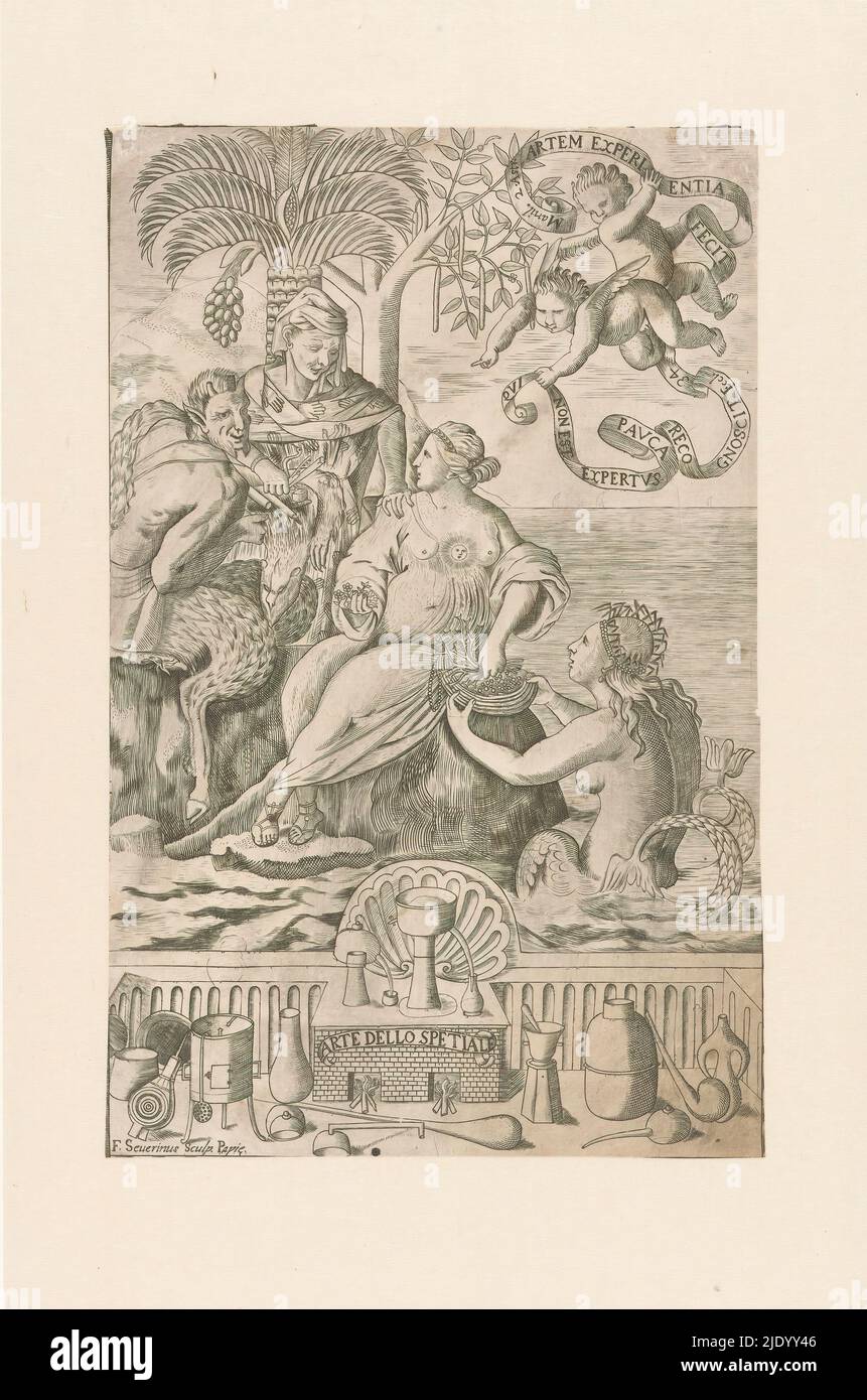 Art of Pharmacy, Arte dello Spetiale (titre sur objet), représentation allégorique d'une femme assise sur une île. Un soleil apparaît sur sa poitrine. La femme ramasse des bijoux d'une coquille remise à elle par un nereid. A gauche, un satyr et une femme plus âgée. En arrière-plan un palmier et dans le ciel deux putti avec des bandéroles. Ci-dessous le titre et les objets pharmaceutiques., imprimerie: F. Severinus, (mentionné sur l'objet), Italie, 1550 - 1599, papier, gravure, gravure, hauteur 302 mm × largeur 194 mm Banque D'Images