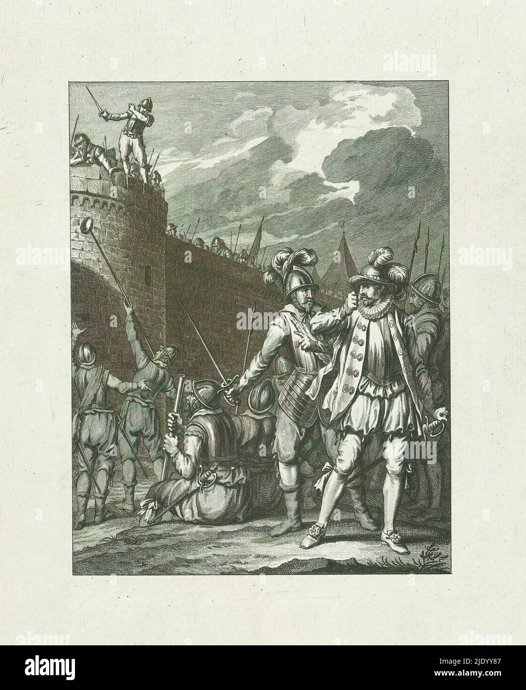 Leidenaren refuse le pain offert par les Espagnols, 1574, Misleerd trick der Spanjaarden voor Leiden / XIII.zingen (titre sur objet), Taferelen uit het leven van prins Willem I, 1568-1584 (titre de la série), Kunstplaid behorende tot het herdendicht Willem den Eersten, In vier en twintig zangen door den Nederlandschen dichter J. Nomsz. (Titre de la série sur l'objet), de bele bele belegeggde Leidenaren weigeren het door de Spanjaarden aangeboden brood, 1574. Treizième chanson., imprimeur: Theodore Koning, après conception par: Jacobbus achète, après dessin par: Jacobbus achète, imprimeur: Pays-Bas du Nord, Banque D'Images