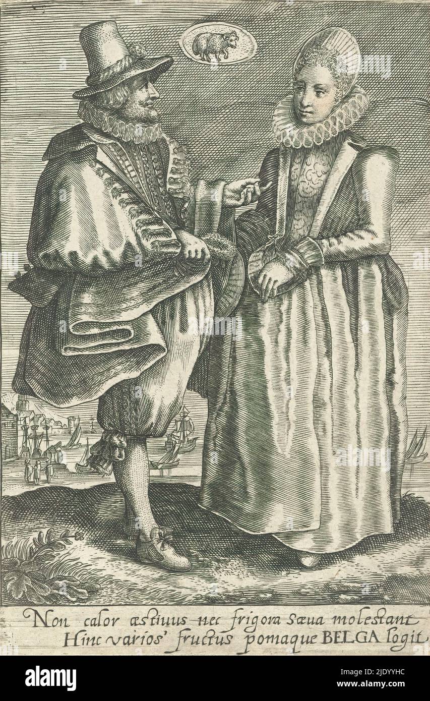 Mars: Un couple des pays-Bas, les douze mois avec des signes du zodiaque (titre de la série), homme et femme des pays-Bas, vêtu selon la mode de CA. 1625. Au-dessus d'eux le signe de Bélier. En arrière-plan, vue sur un port. Dans la marge une légende de deux lignes en latin montrant que le climat n'est pas un facteur inquiétant pour le Hollandais. Imprimé d'une série montrant les douze mois représentés par des signes du zodiaque et des couples portant des vêtements de différents pays., imprimeur: Crispijn van de passe (II), pays-Bas du Nord, 1625 - 1670, papier, gravure, hauteur 13 Banque D'Images