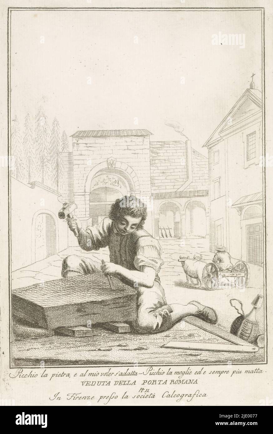 Stonemason, vendeurs de rue florentine (titre de la série), Un stonemason à l'œuvre dans la rue. À côté de lui sur le sol est un grand crochet de magasin. En arrière-plan la Porta Romana à Florence. Texte italien en marge inférieure., imprimerie: Carlo Lasinio, éditeur: La Società Calcografica, (mentionné sur l'objet), imprimerie: Italie, éditeur: Florence, 1769 - 1838, papier, gravure, hauteur 268 mm × largeur 181 mm Banque D'Images