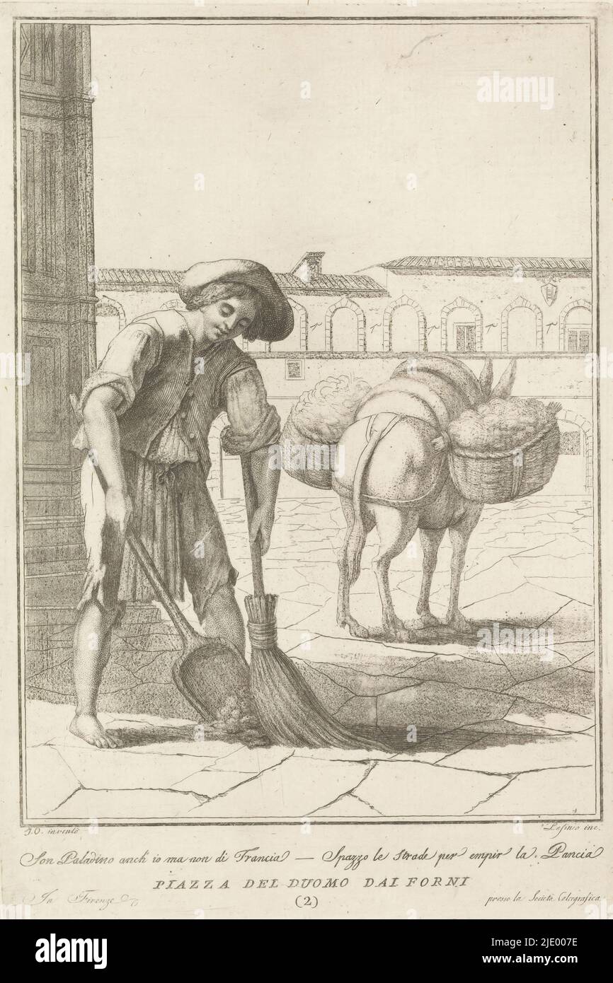 Street Sweeper, Florentine Street Vendors (titre de la série), Un balai de rue balaie la saleté avec son balai sur une pelle de la Piazza del Duomo à Florence. Dans le carré un âne avec deux paniers. Texte italien en marge inférieure., imprimerie: Carlo Lasinio, (mentionné sur l'objet), après conception par: Monogrammiste JO, (mentionné sur l'objet), éditeur: La Società Calcografica, (mentionné sur l'objet), imprimerie: Italie, après conception par: Italie, éditeur: Florence, 1769 - 1838, papier, gravure, hauteur 269 mm × largeur 180 mm Banque D'Images