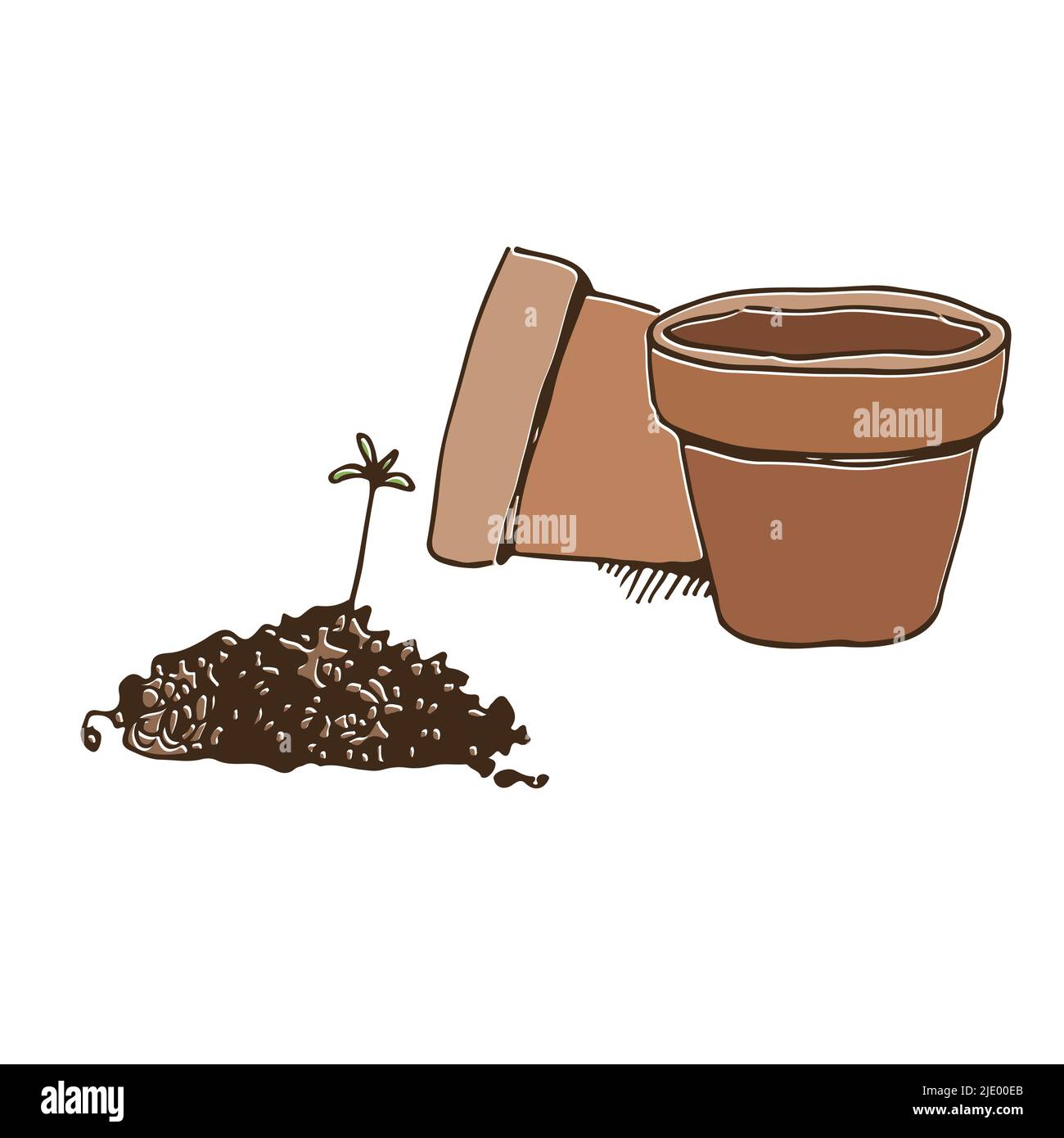 Pots de fleurs préparés pour la plantation, petit germe de plante sur une colline de sol, illustration vectorielle isolée sur fond blanc Illustration de Vecteur