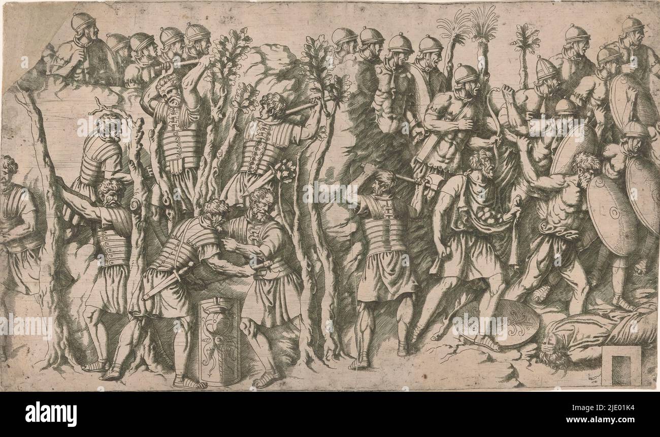 Scène des guerres de Dacian, scène des guerres de Dacian avec des soldats coupant des arbres sur la gauche et des soldats tenant leurs boucliers sur la droite. Après le bas-relief sur la colonne de Trajan à Rome., imprimerie: Antonio Fantuzzi, (cercle de), Fontainebleau, 1537 - 1550, papier, gravure, hauteur 269 mm × largeur 453 mm Banque D'Images