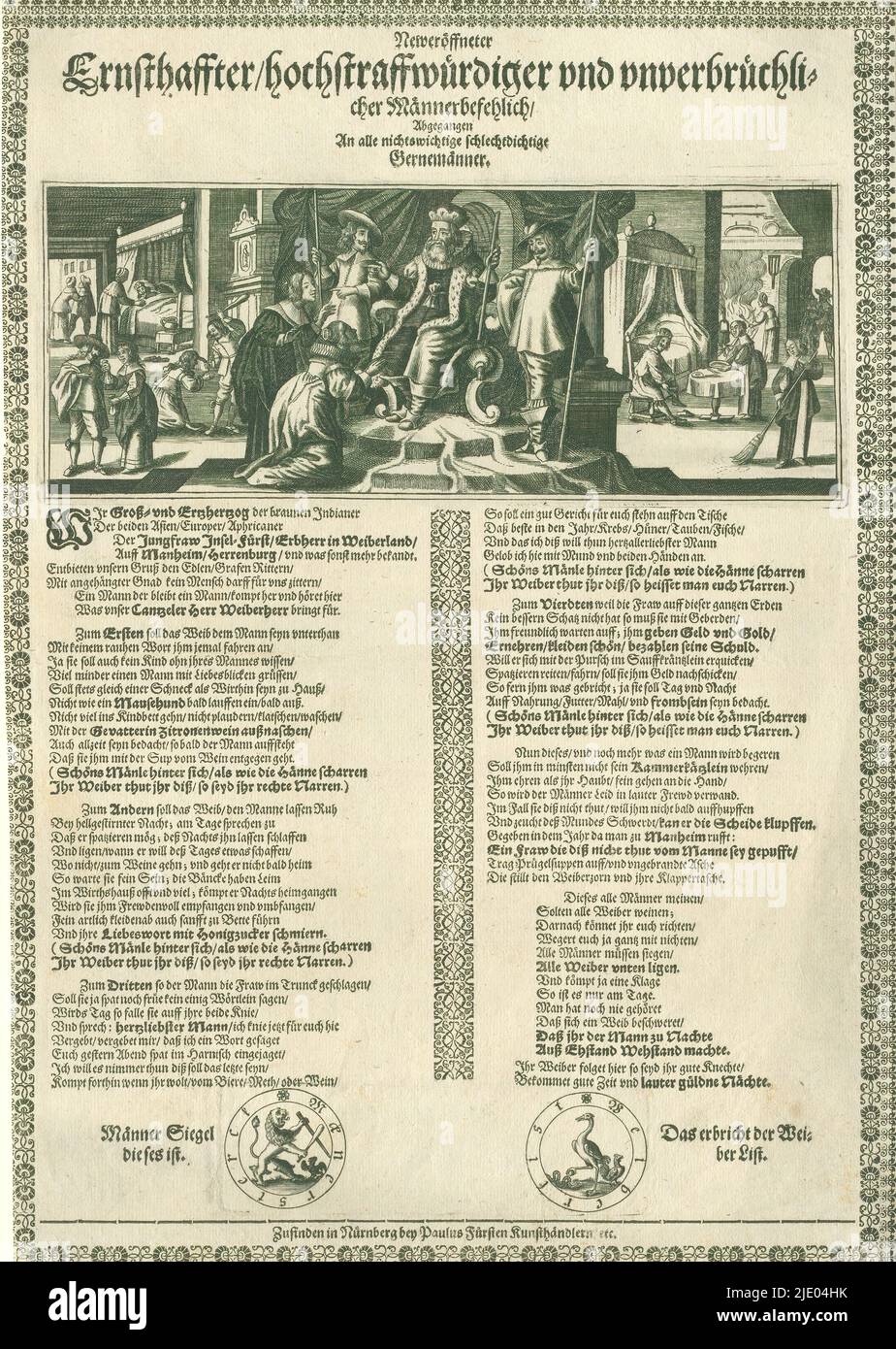Satire sur la domination masculine sur les femmes, Flugblatt: Ernsthafter hochstraffwürdiger und unverbrüchlicher Männerbefehlich..., satire sur la domination masculine sur les femmes. Un roi est assis sur son trône sous la voûte. Une femme s'agenouille avant le trône. Représentation en bordure d'ornement, avec deux colonnes de texte allemand de typographie, imprimeur: Anonyme, éditeur: Paul Fürst, imprimeur: Allemagne, éditeur: Neurenberg, c. 1615 - c. 1666, papier, gravure, impression typographique, hauteur 275 mm × largeur 336 mm Banque D'Images