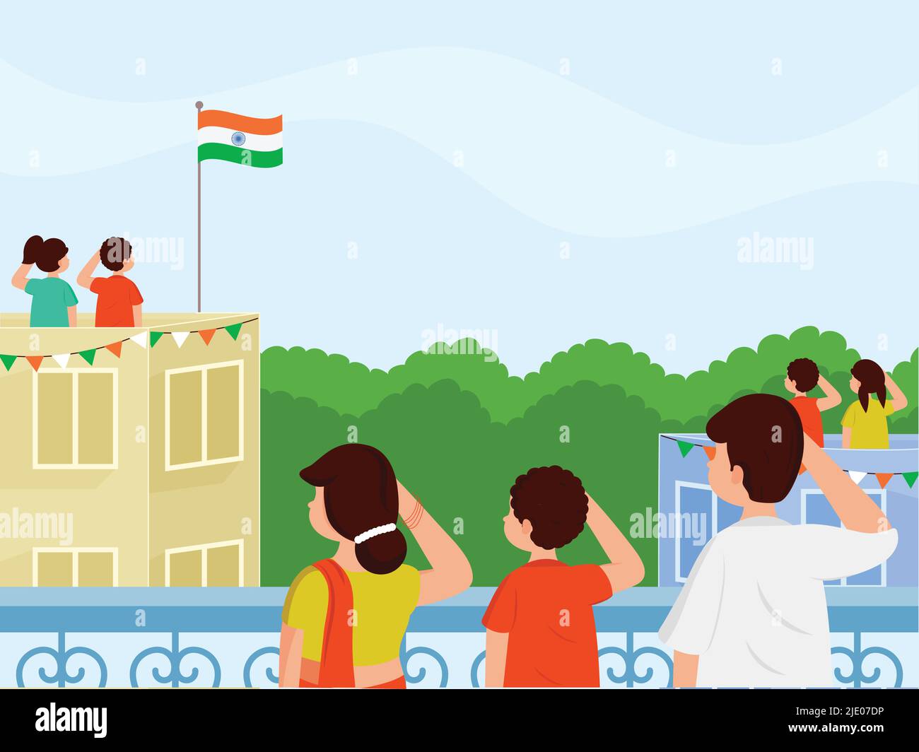 Célébration du festival national de l'Inde contexte avec les Indiens saluant le drapeau sur leur toit de bâtiments. Illustration de Vecteur