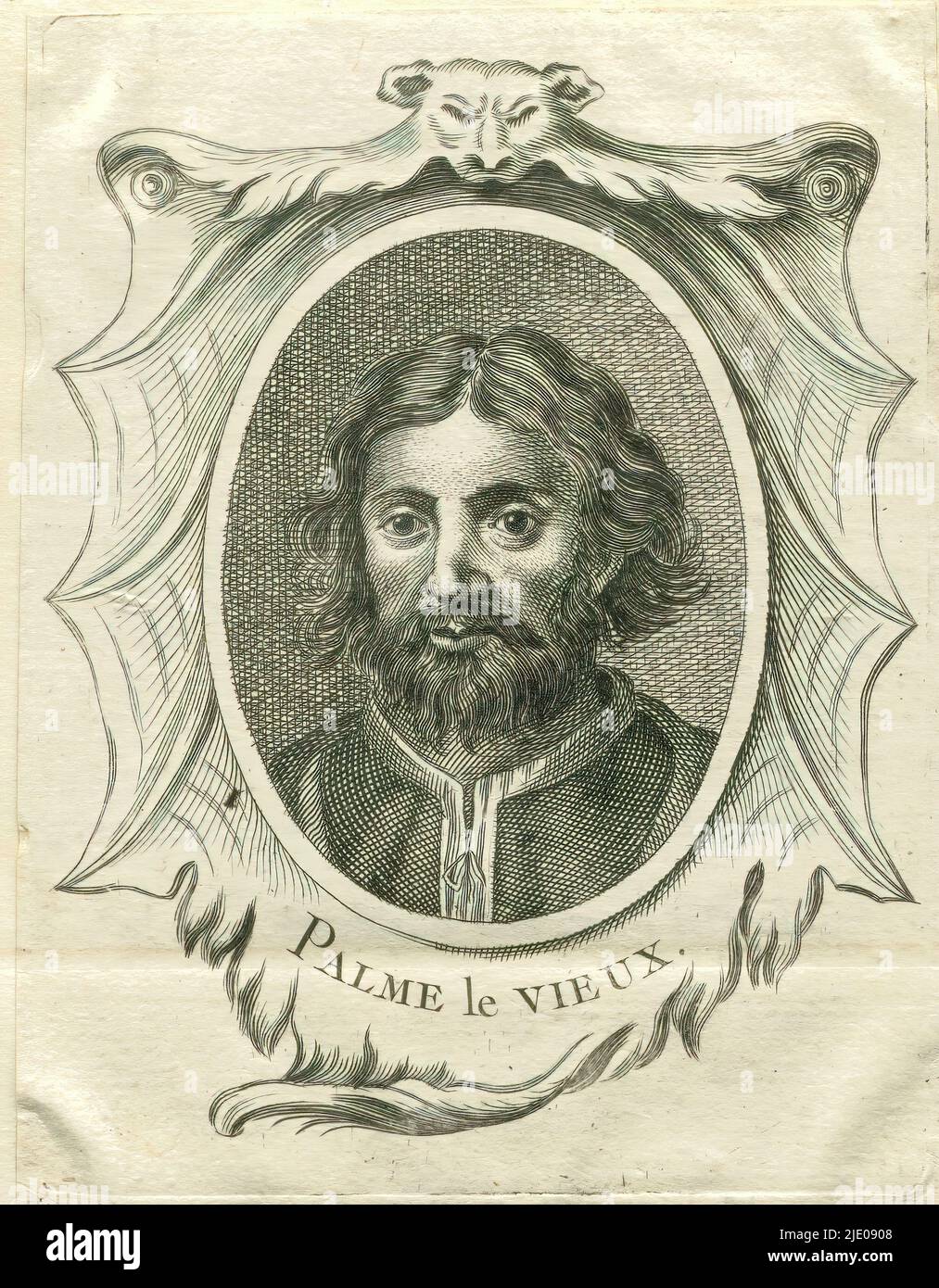 Portrait de Jacopo Palma (il Vecchio), Palma le Vieux (titre sur objet), l'imprimé fait partie d'un album., imprimerie: Anonyme, éditeur: De Bure l'aîné, Paris, 1745, papier, impression typographique, gravure, hauteur 117 mm × largeur 86 mm Banque D'Images