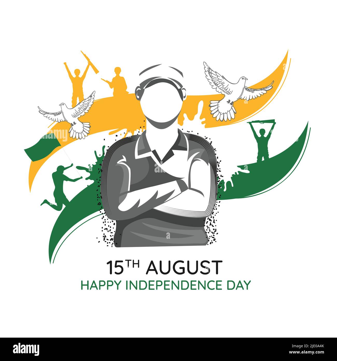 15th août Happy Independence Day concept avec personnage d'homme d'armée sans visage, pigeon volant, soldats Silhouette et effet pinceau sur fond blanc. Illustration de Vecteur