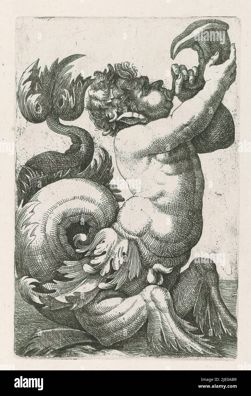 Triton soufflant sur la coquille, imprimeur: Giovanni Andrea Maglioli, Italie, c. 1580 - c. 1610, papier, gravure, hauteur 139 mm × largeur 90 mm Banque D'Images