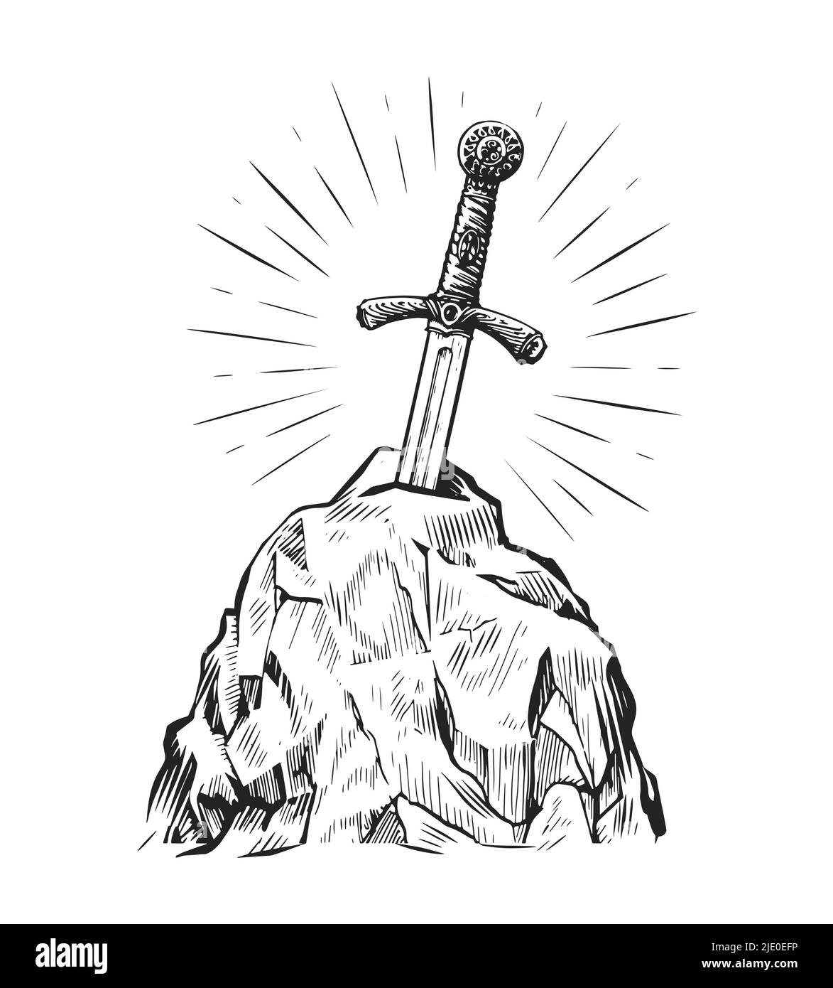 Épée d'Excalibur dans la pierre. Dessin dessiné à la main dans un style de gravure vintage. Illustration vectorielle Illustration de Vecteur
