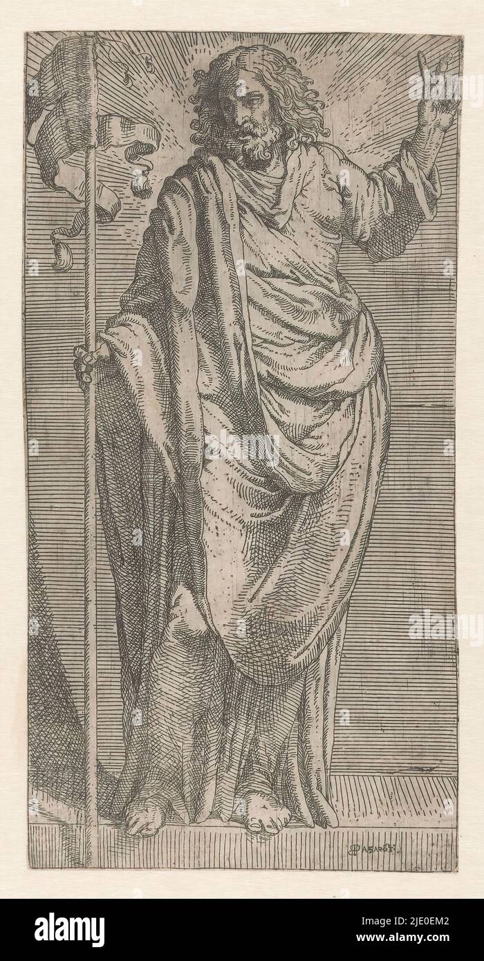 Christ avec la bannière, Christ et les apôtres (titre de la série), Christ debout, avec la bénédiction de la main gauche et de la main droite la bannière de la Résurrection., Imprimeur: Bartolomeo Passarotti, (mentionné sur l'objet), après dessin par: Taddeo Zuccaro, (éventuellement), Italie, 1539 - 1592, papier, gravure, hauteur 287 mm × largeur 147 mm Banque D'Images