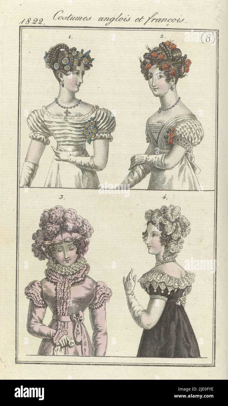Journal des Dames et des modes, édition Francfort 17 février 1822, costumes anglois et françois (8), le texte d'accompagnement ( pp. 215-216) indique: Fig. 1-3: Costumes français. Figure 1: Coiffure décorée de chrysanthèmes. Ballade de gaze, corsage et manches décorées de remplis. Gants blancs. Figure 2: Coiffure décorée de fleurs cardinales et de pointes dorées. Robe de tulle avec un 'corsage gallo-rec'(bodyce). Gants blancs. Figure 3: Chapeau de crêpe, décoré de plumes d'autruche. Redingote du gros de Naples, garnie d'un volant de crêpe. Gants blancs. Figure 4: La mode anglaise. Coiffure Banque D'Images