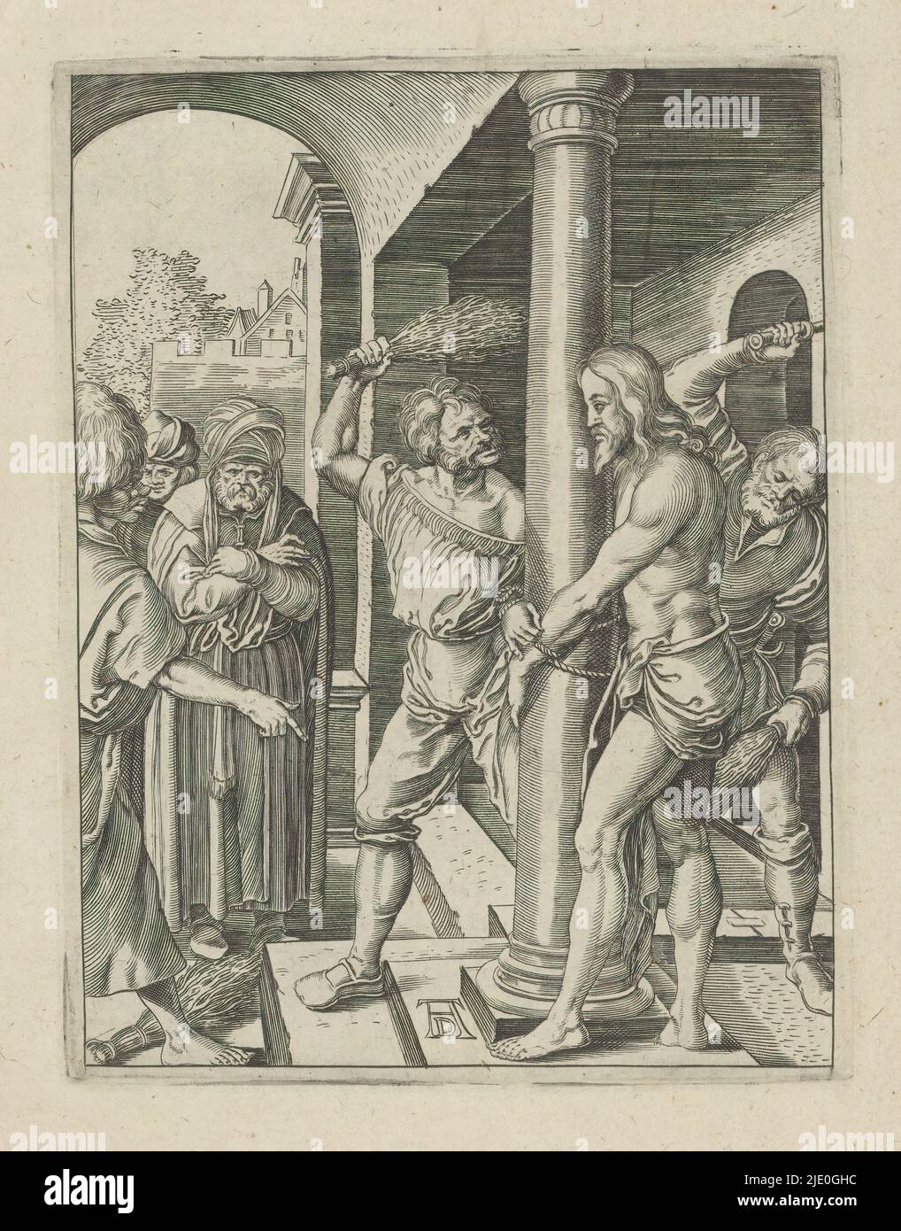 L'abattage du Christ, la petite passion (titre de la série), Passio Christi AB Alberto Durer Nurenburgensi Effigiata (titre de la série), Christ, lié à une colonne, est passionné par des hommes avec des faggots. L'imprimé fait partie d'un album., imprimeur: Anonyme, après impression par: Albrecht Dürer, (mentionné sur l'objet), éditeur: Broer Jansz. (Den Haag), la Haye, 1610 - 1620, papier, gravure, hauteur 130 mm × largeur 99 mm Banque D'Images