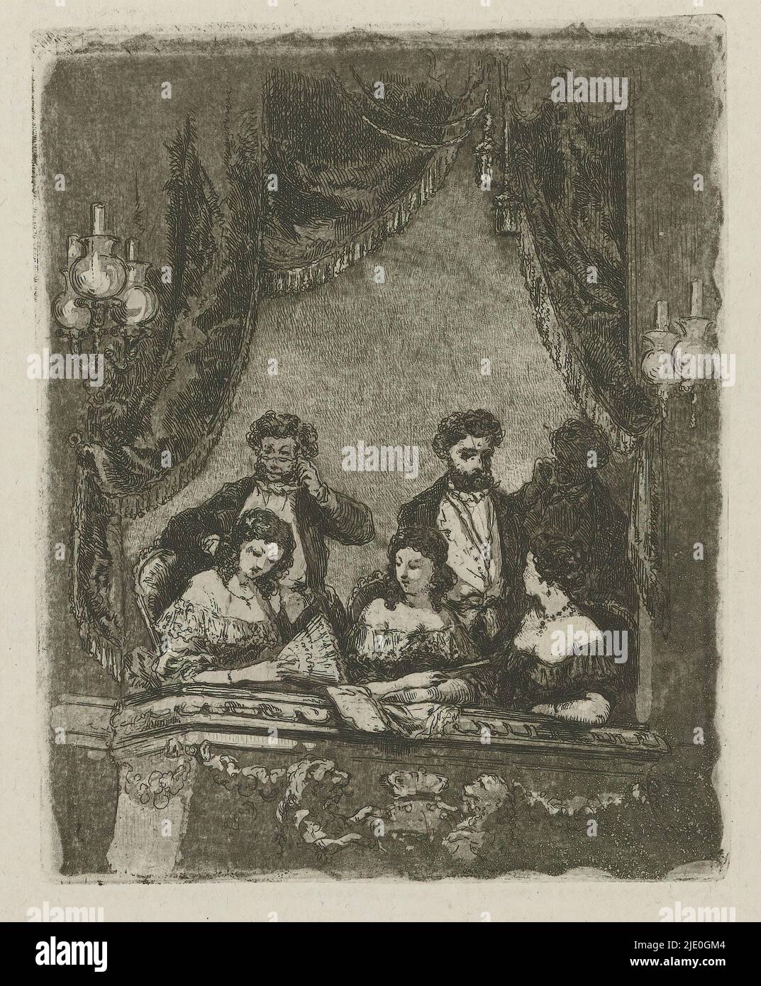 Theatre Lodge avec six personnages, Une compagnie dans un théâtre Lodge avec rideau et chandeliers. Trois femmes assises dont la gauche tient un ventilateur dans sa main. Derrière eux, trois hommes debout, le droit dans l'ombre., imprimerie: Henri François Schaefels, (attribué à), après dessin par: Henri François Schaefels, (attribué à), Anvers, c. 1837 - c. 1904, papier, gravure, hauteur 102 mm × largeur 82 mm Banque D'Images