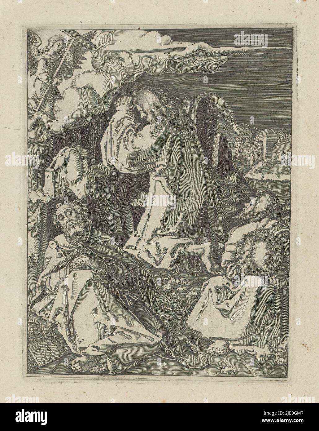 Christ dans le jardin de Gethsemane, la petite passion (titre de la série), Passio Christi AB Alberto Durer Nurenburgensi Effigiata (titre de la série), Christ priant dans le jardin de Gethsemane. Un ange lui apparaît et lui montre la croix. Au premier plan trois disciples endormis. Par la porte de la ville sur la droite, le groupe de soldats arrive. L'imprimé fait partie d'un album., imprimeur: Anonyme, après impression par: Albrecht Dürer, (mentionné sur l'objet), éditeur: Broer Jansz. (Den Haag), la Haye, 1610 - 1620, papier, gravure, hauteur 129 mm × largeur 98 mm Banque D'Images