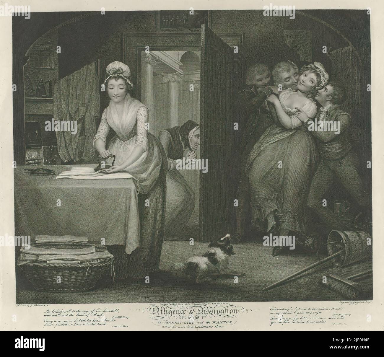 Servants modestes et débauchés, planche 1. La modeste fille et le wanton / Fellow servants dans une maison de gentleman (titre sur objet), vertu et débauche (titre de la série), diligence et dissipation (titre de la série sur objet), la modeste servante est en train de repasser, tandis que la débauchée s'amuse avec une paire de suiteurs et est surveillée par un vieil serviteur. L'imprimé fait partie d'un album., imprimerie: Thomas Hellyer, (mentionné sur l'objet), imprimerie: Thomas Gaugain, (mentionné sur l'objet), après peinture par: James Northcote, (mentionné sur l'objet), Londres, 1-mai-1796, papier, gravure, hauteur 470 mm × largeur Banque D'Images