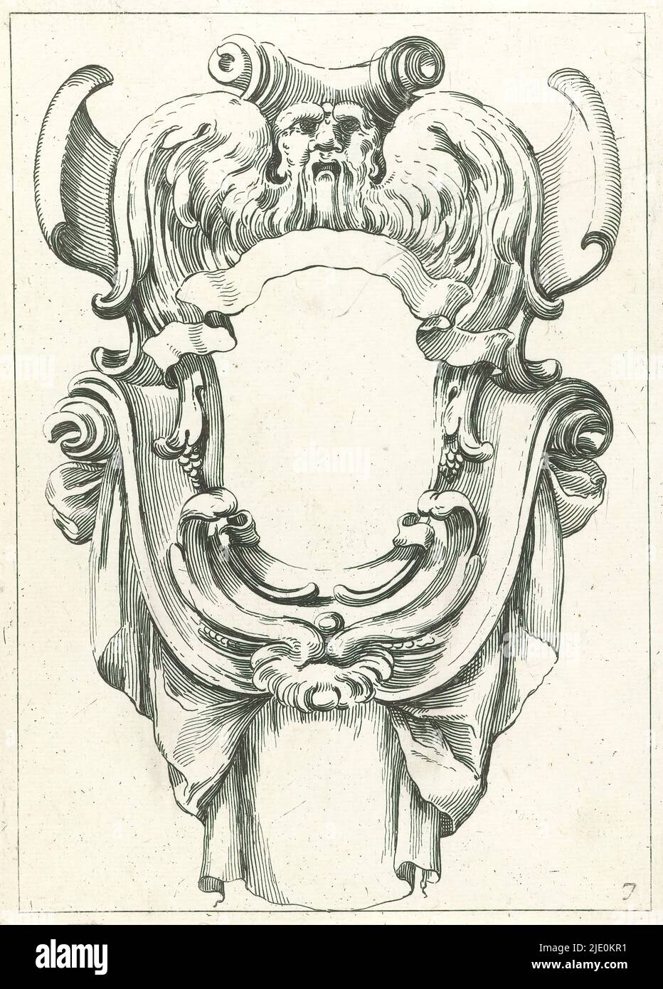 Feuille de la série avec des cartouts, septième impression d'une série de douze avec des copies à une série avec des cartouts. Cartouche décorée de draperies et couronnée d'un masque., imprimerie: Anonyme, après impression par: Agostino Mitelli, éditeur: François Langlois, après impression par: Bologne, éditeur: Paris, 1642, papier, gravure, hauteur 176 mm × largeur 127 mm Banque D'Images