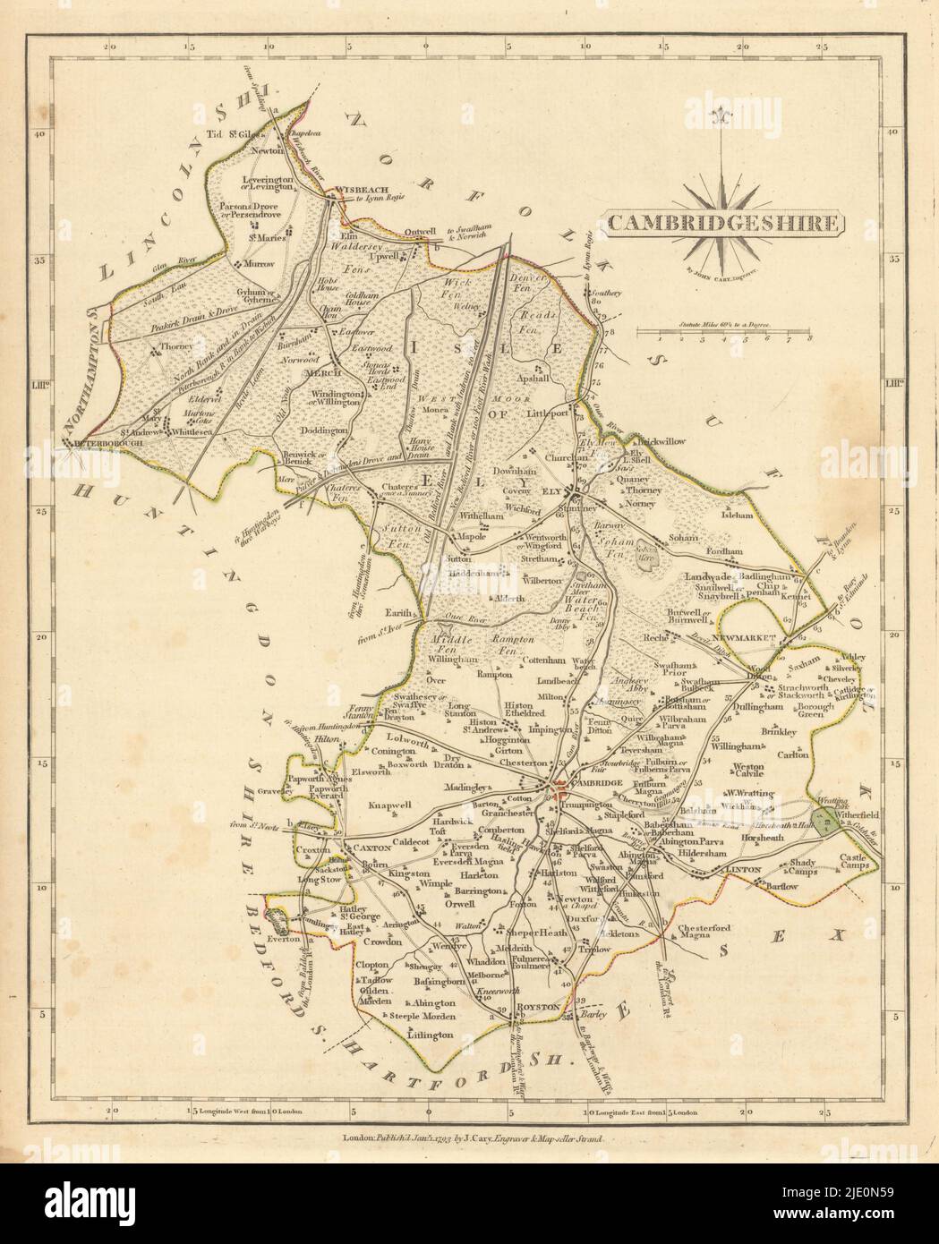 Carte du comté de Cambridgeshire antique par JOHN CARY. Couleur de contour original 1793 Banque D'Images
