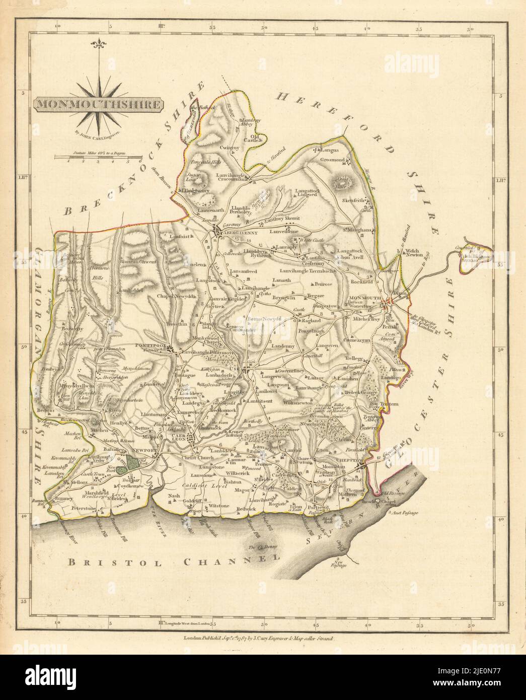 Carte du comté de MONMOUTHSHIRE Antique par JOHN CARY. Couleur de contour original 1793 Banque D'Images