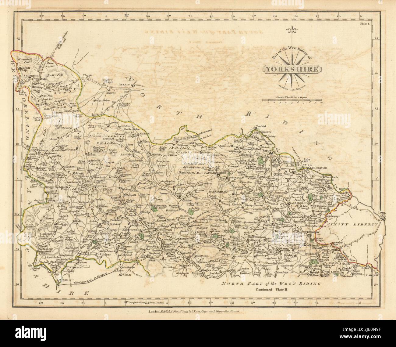 WEST Riding of Yorkshire-SUD carte antique par JOHN CARY. Couleur d'origine 1793 Banque D'Images